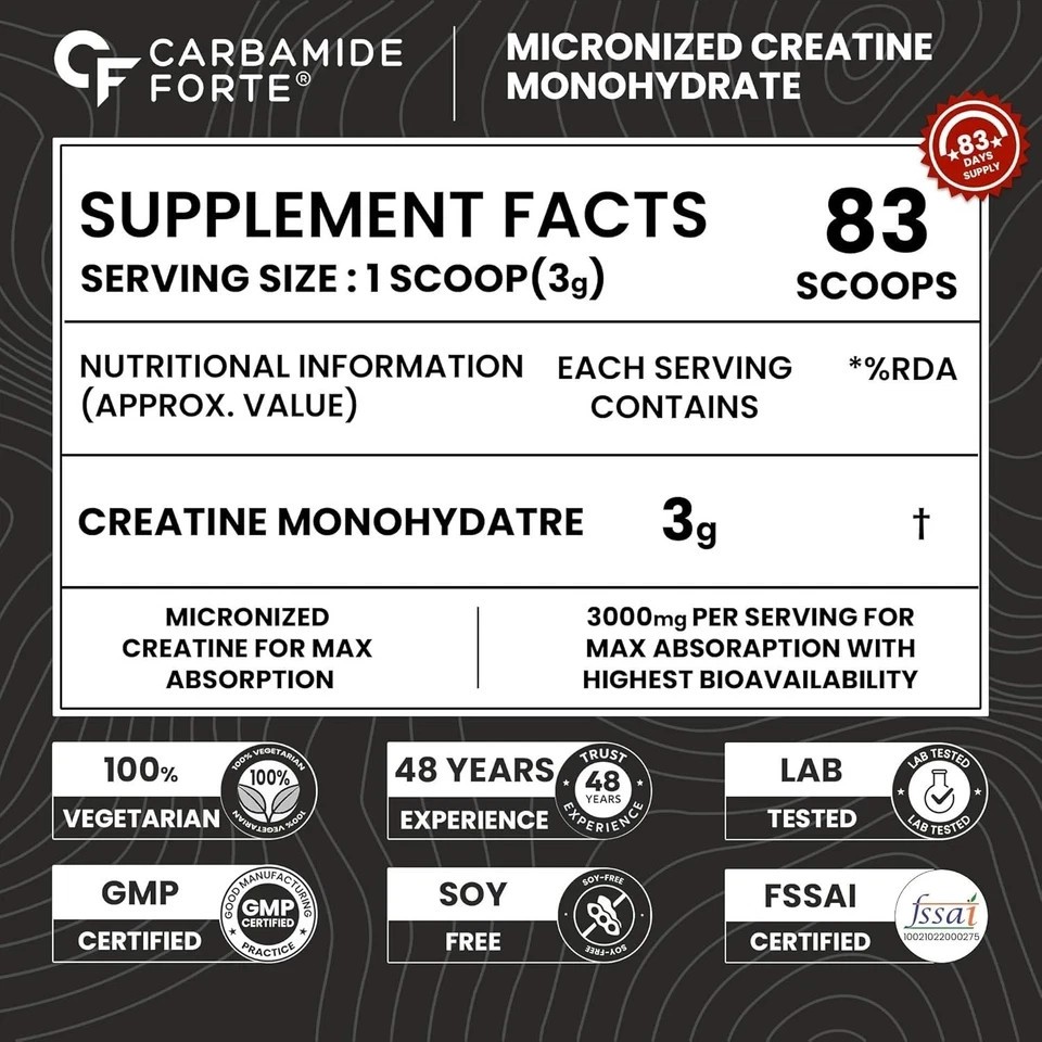 Creatine Mono Hydrate Powder | 250gm Unflavoured 80 Servings (Pack of 3)