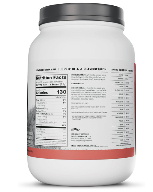 Levels Grass Fed Whey Protein Strawberry 2LB 24g Protein No Artificial