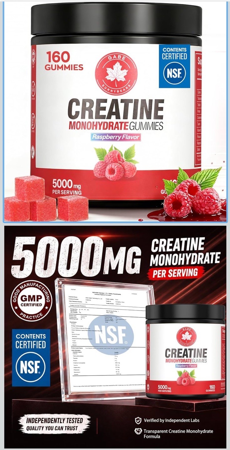 Gabe Sunnybears Creatine Monohydrate Raspberry Gummies 160 Ct 5000mg NSF GMP