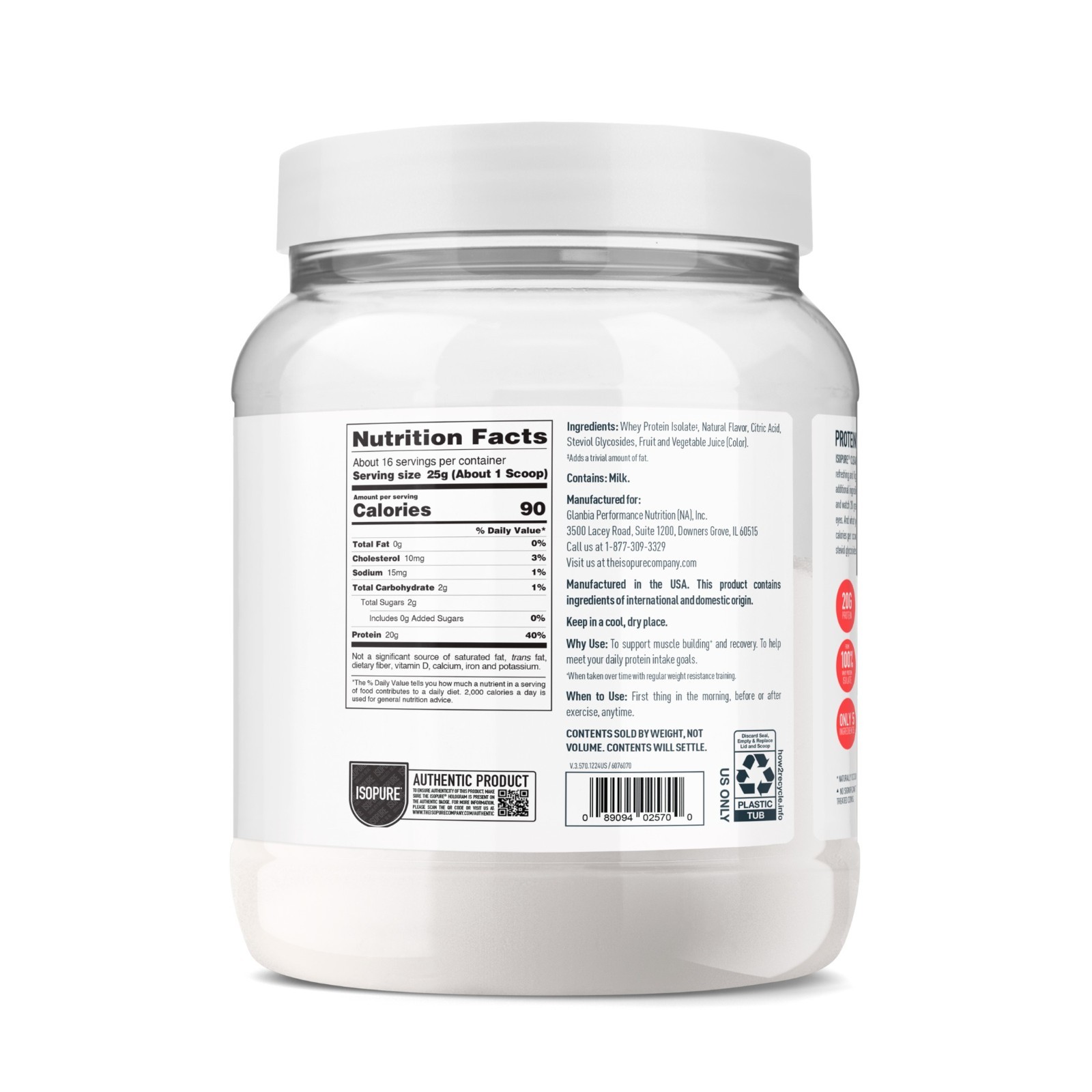 Isopure Clear Low Carb 100% Whey Protein Isolate Powder, 20g Protein,16 Servings