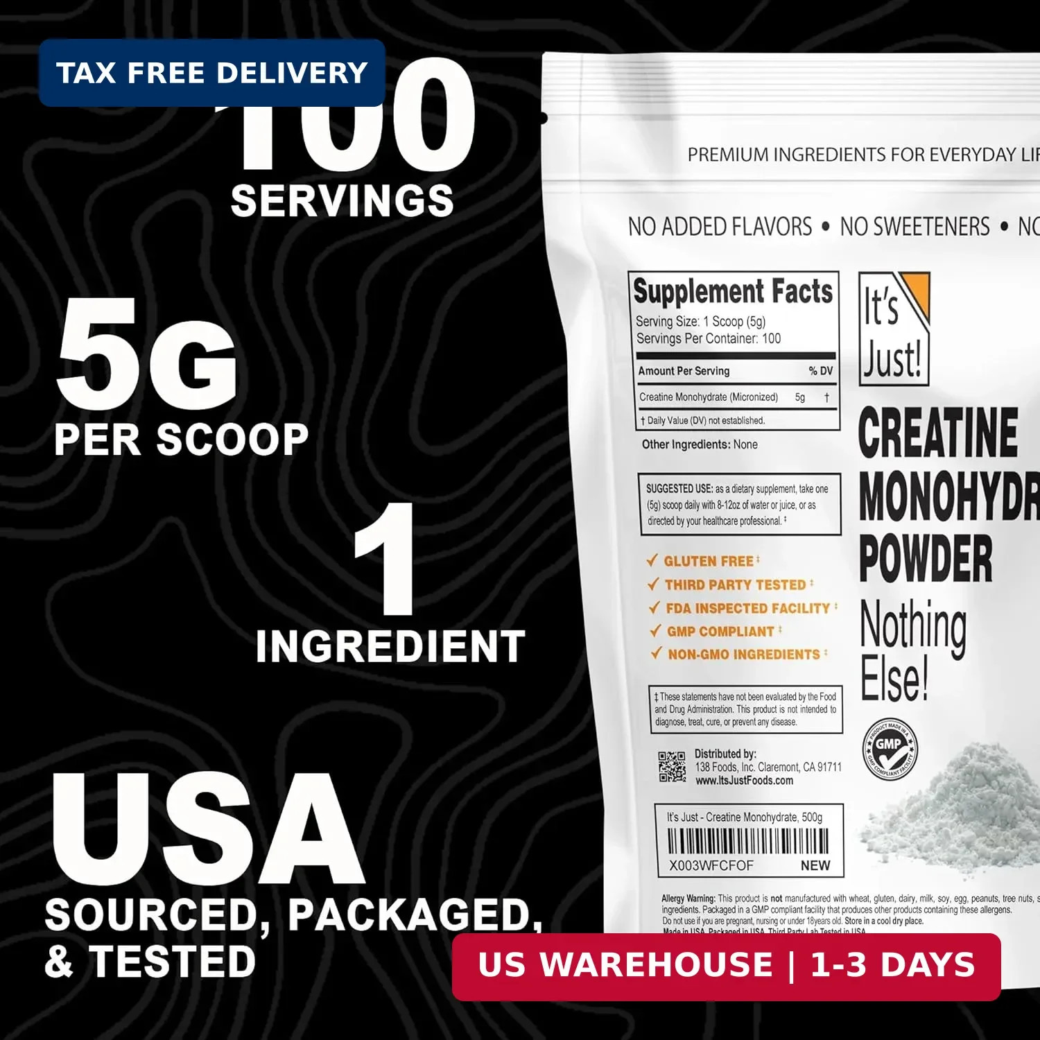 It’s Just! – Creatine Monohydrate Powder, Pure Creatine Powder, Made in USA, 3rd