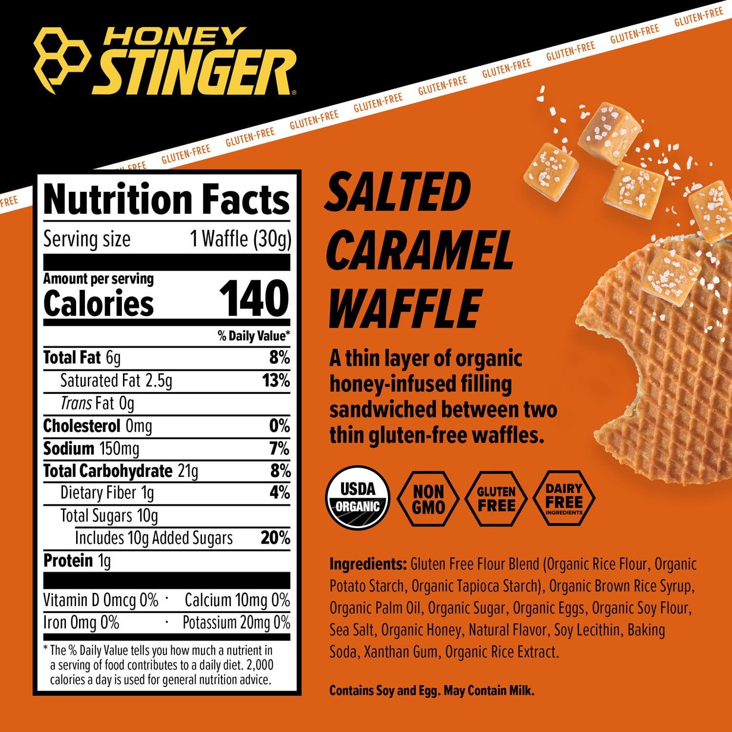 Honey Stinger Organic Energy Waffle Gluten Free Salted Caramel Healthy Snack