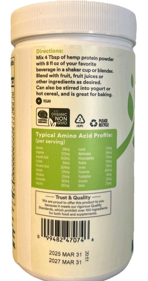 365 Whole Foods Organic Hemp Protein Powder, 16 Ounce Exp 3/2027