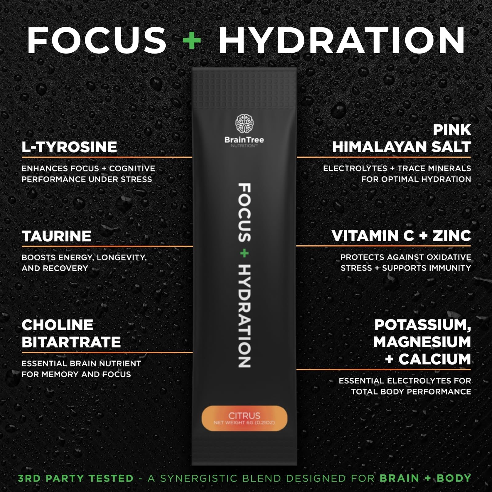 Electrolyte Drink Mix – Focus & Hydration – Sugar Free Citrus – 30 Stick Packs –