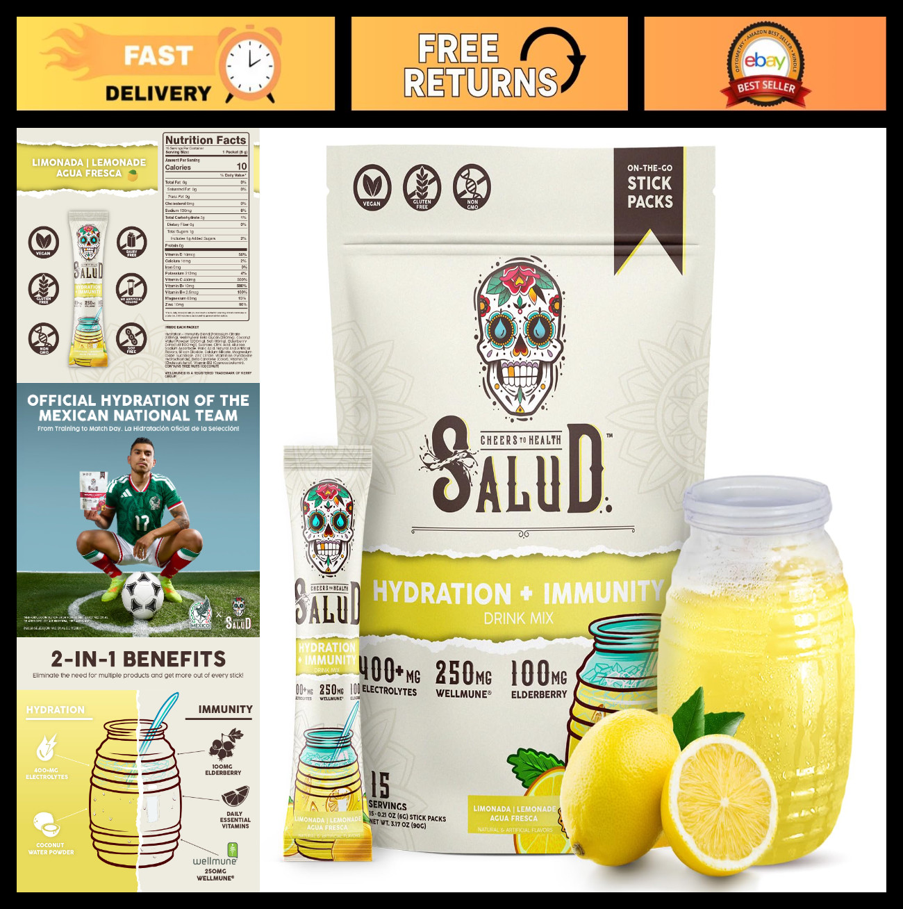 2-in-1 Hydration & Immunity Drink Mix, Lemonade Flavor, Electrolyte Powder, Vega