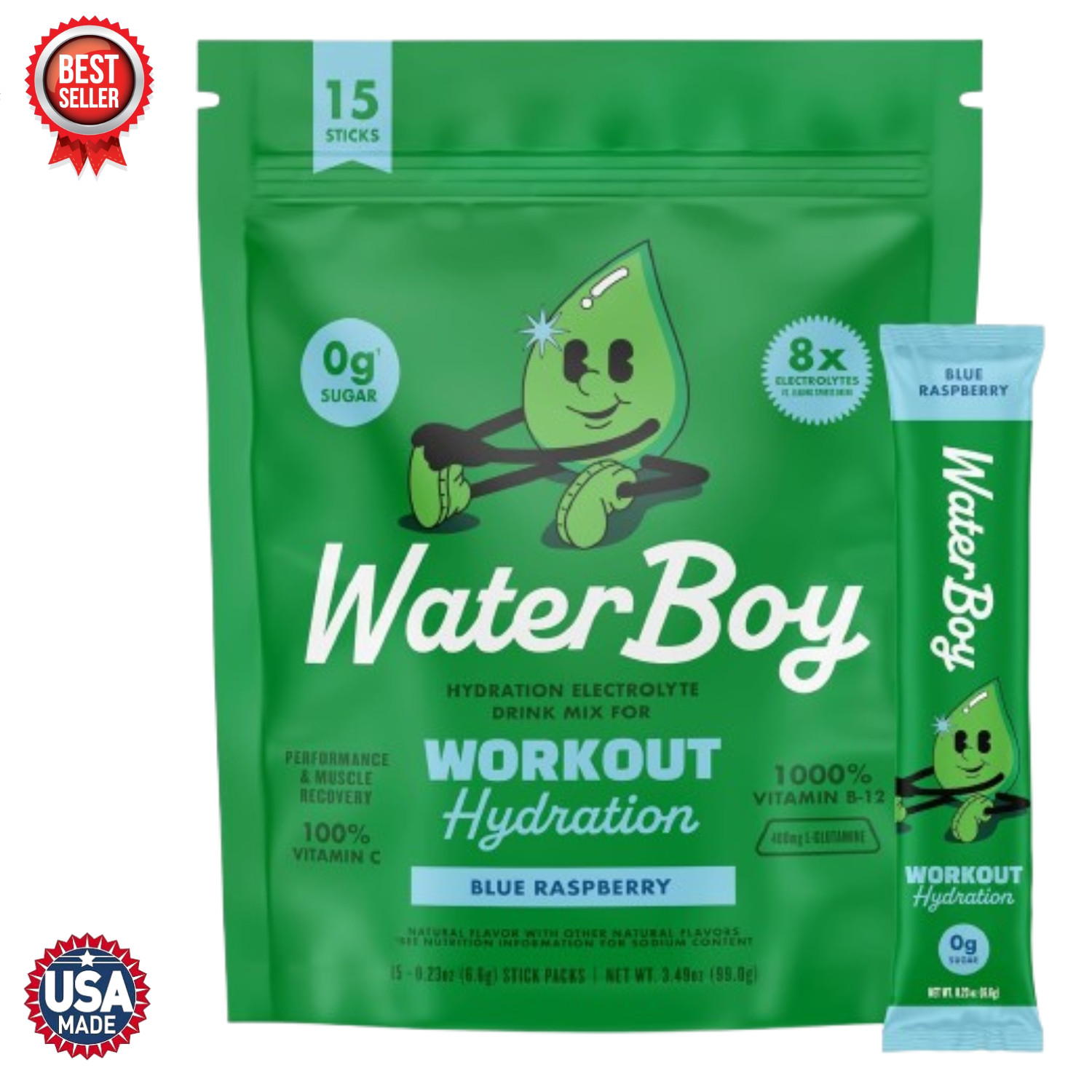 Waterboy Workout Hydration – Sugar-Free Electrolyte Powder–Blue Raspberry – 15ct