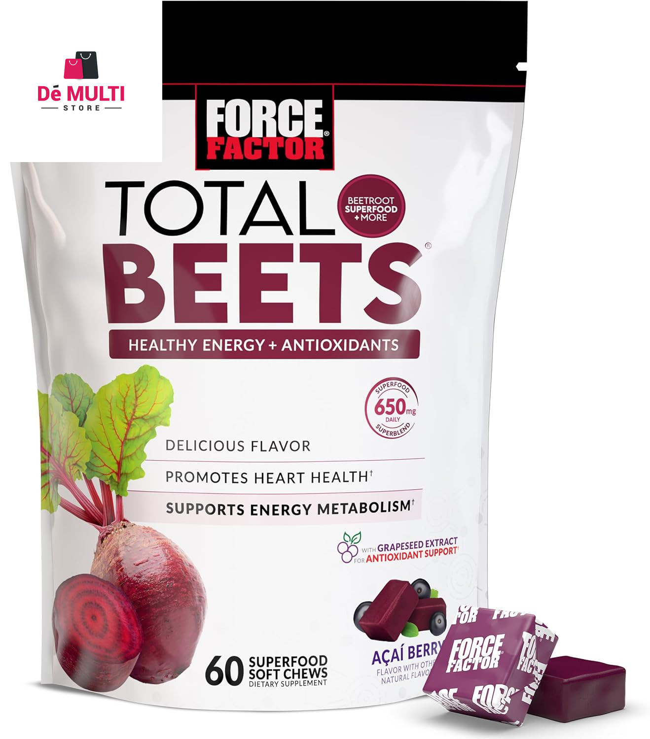 Force Factor Total Beets Healthy Energy Beetroot Soft Chews, Acai Berry, 60 Ct