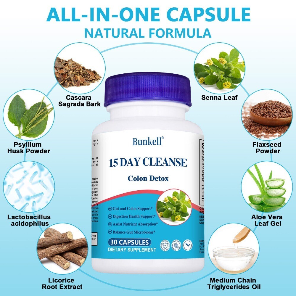 15Day Intestinal Cleanse Detox Caps-with Senna,Psyllium Husk and Flaxseed,30Caps