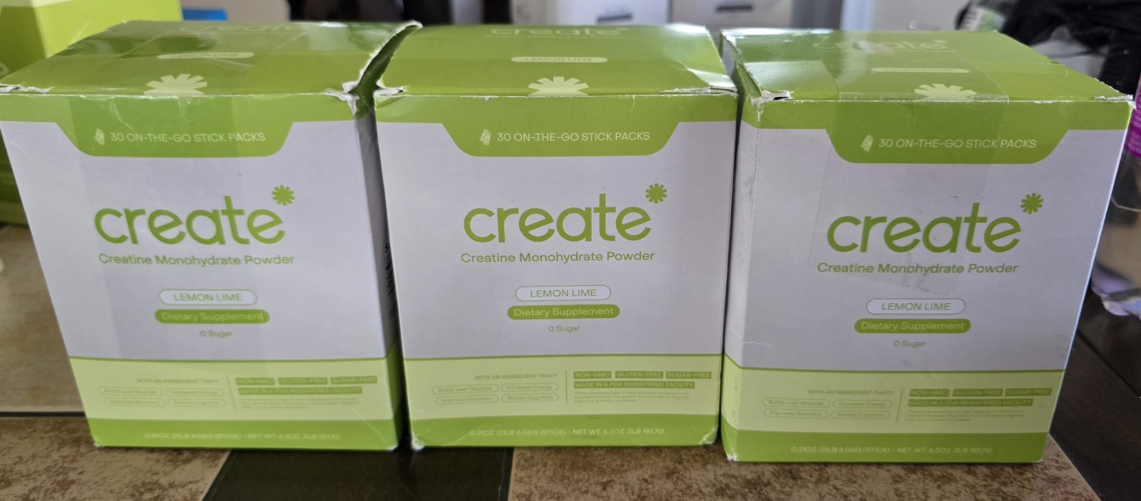 Lot Of 3 Create Single Serve Creatine Monohydrate Powder – 5g, 30ct Lemon Lime