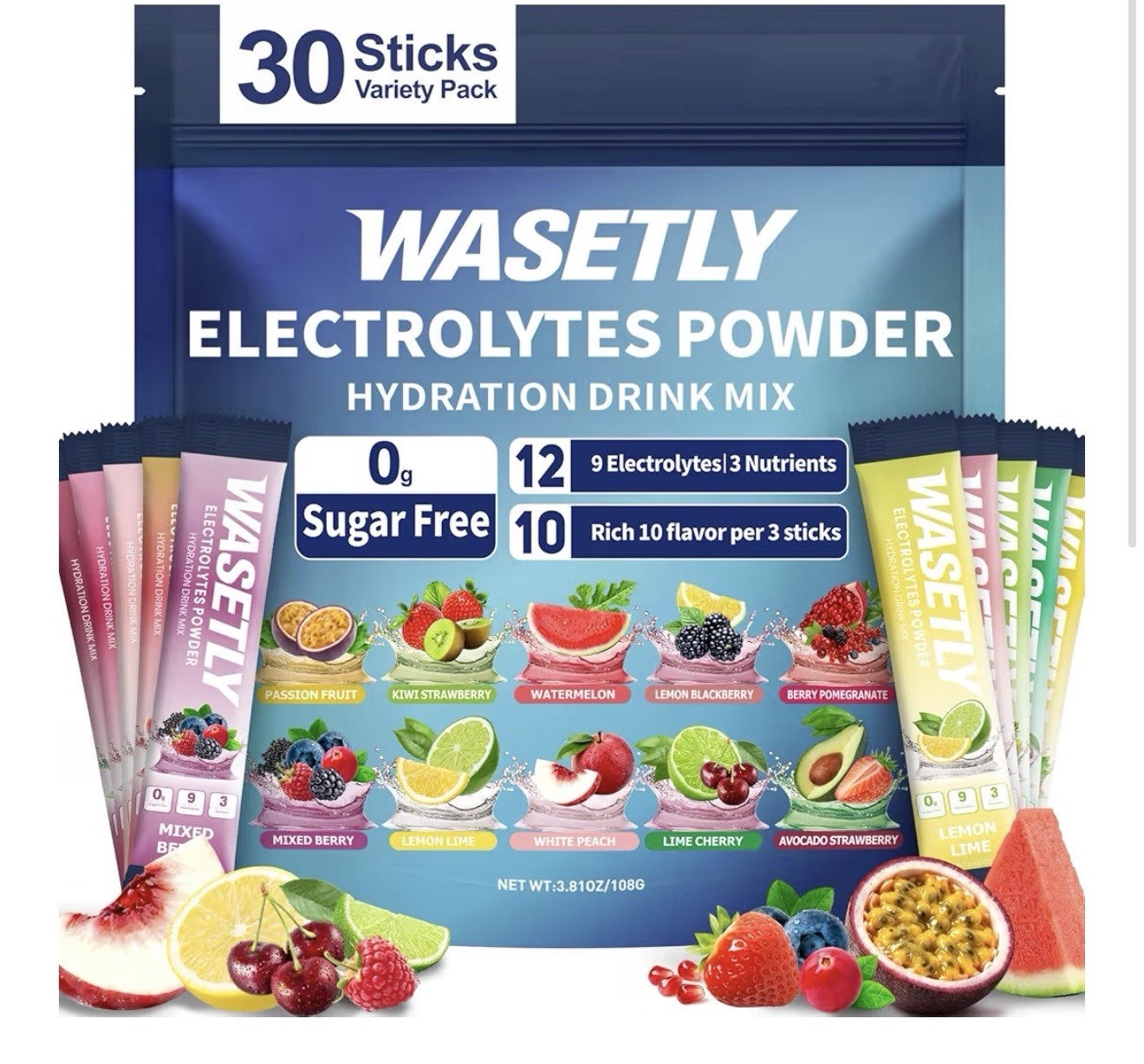 WASETLY Electrolytes Powder Hydration Drink Mix Sugar-Free Vegan Keto 30 Sticks