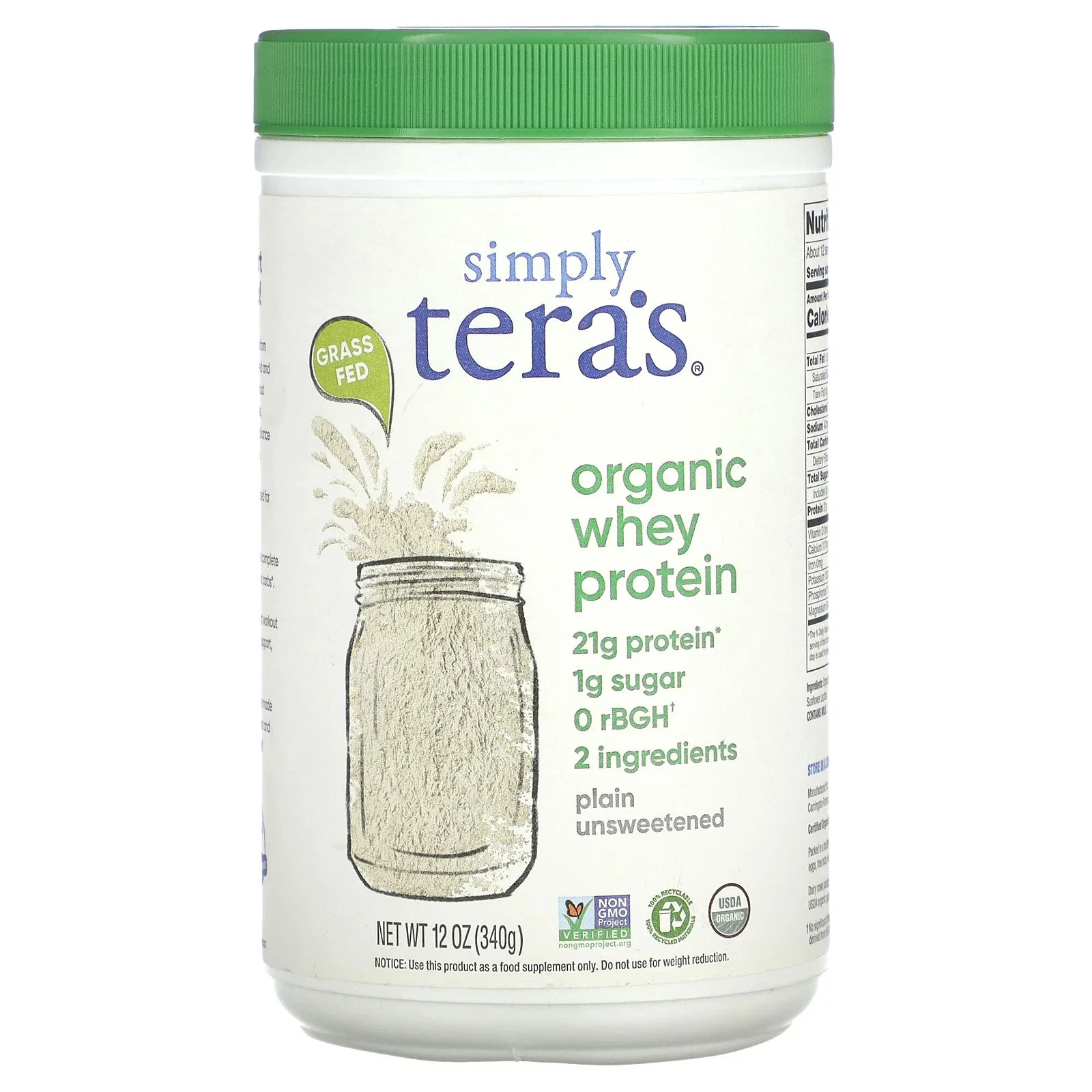 Organic Whey Protein, Plain Unsweetened, 12 oz (340 g)