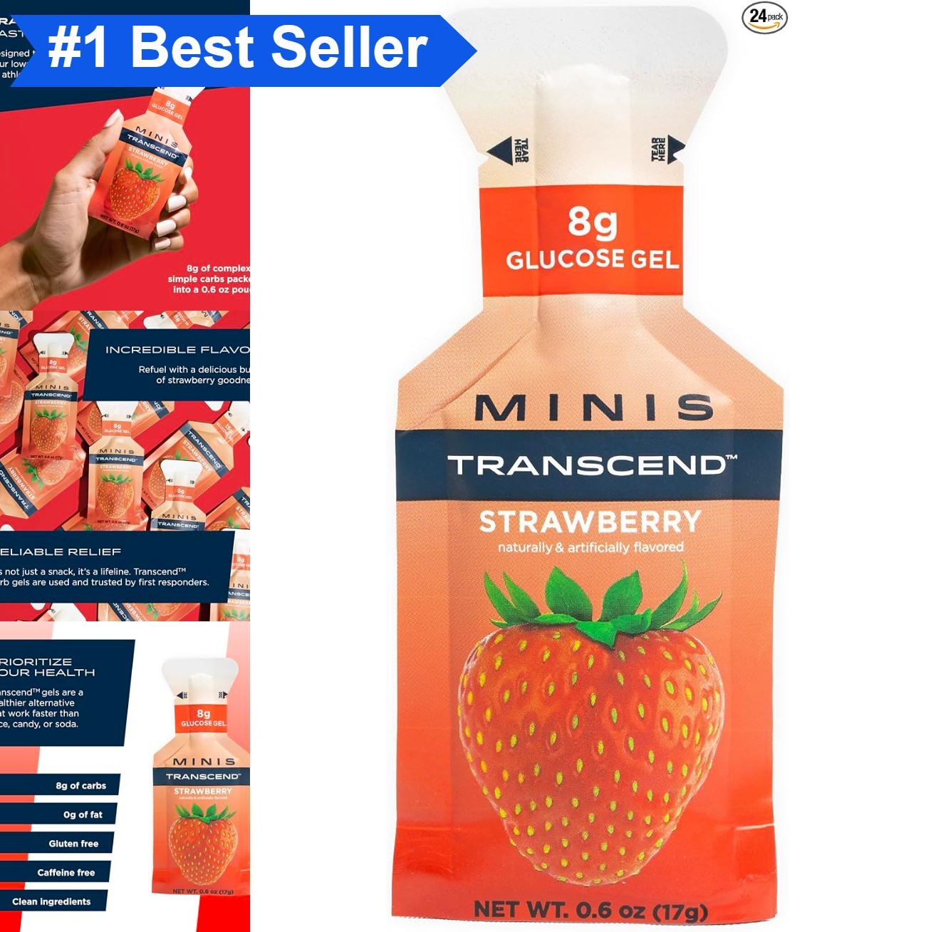 Mini Energy Gel Strawberry 24 Pack 0.6 Ounce Fast Acting Carb Boost Portable