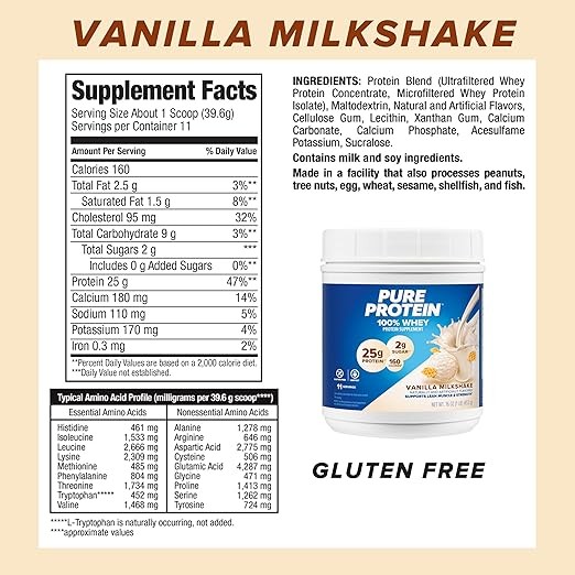 Pure Protein Whey Protein Powder Vanilla Cream Low Sugar Gluten Free 1lb Tub