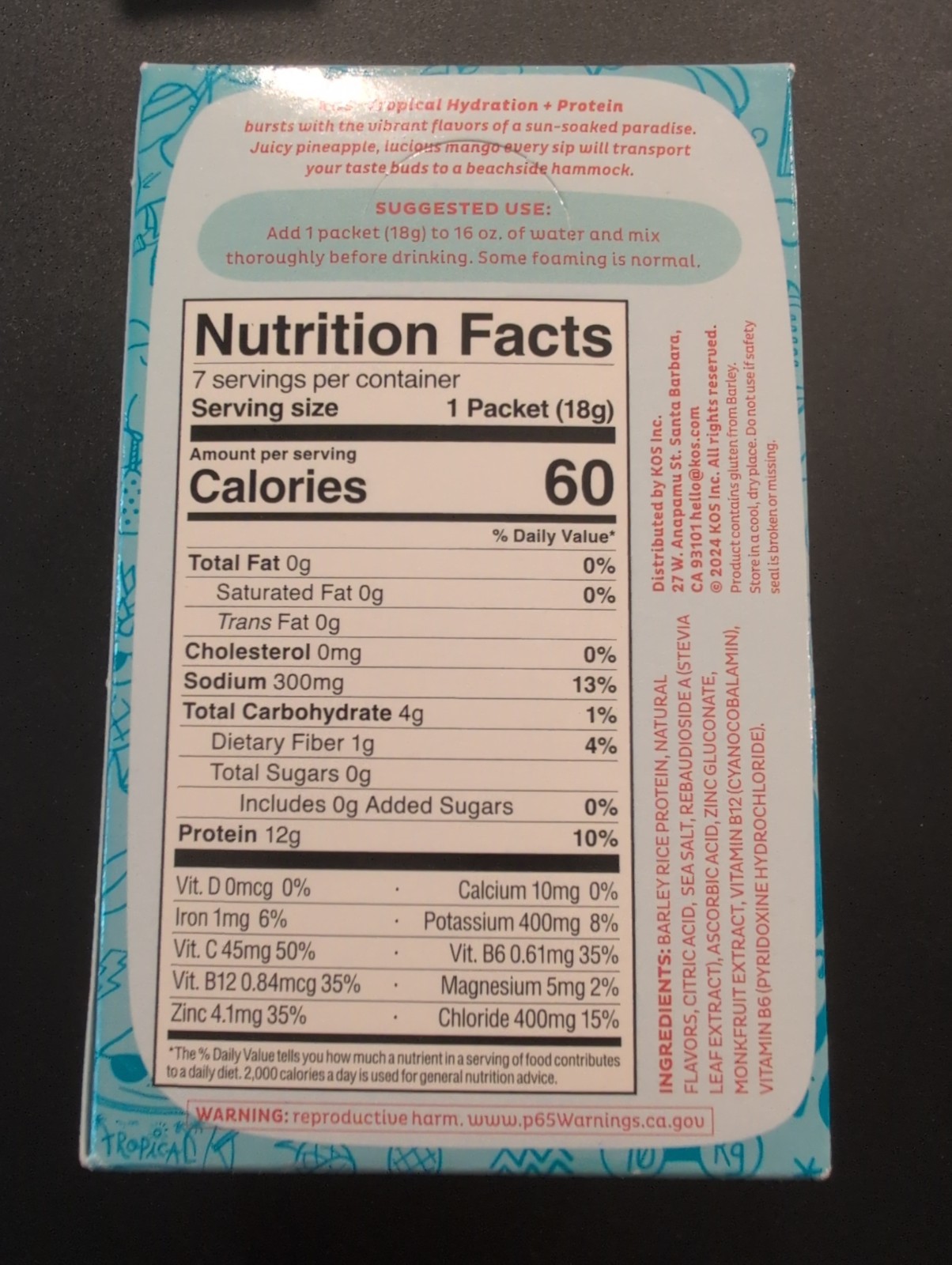 KOS Electrolyte Hydration + Protein Powder Drink Mix Tropical 7 Pack 4.5oz