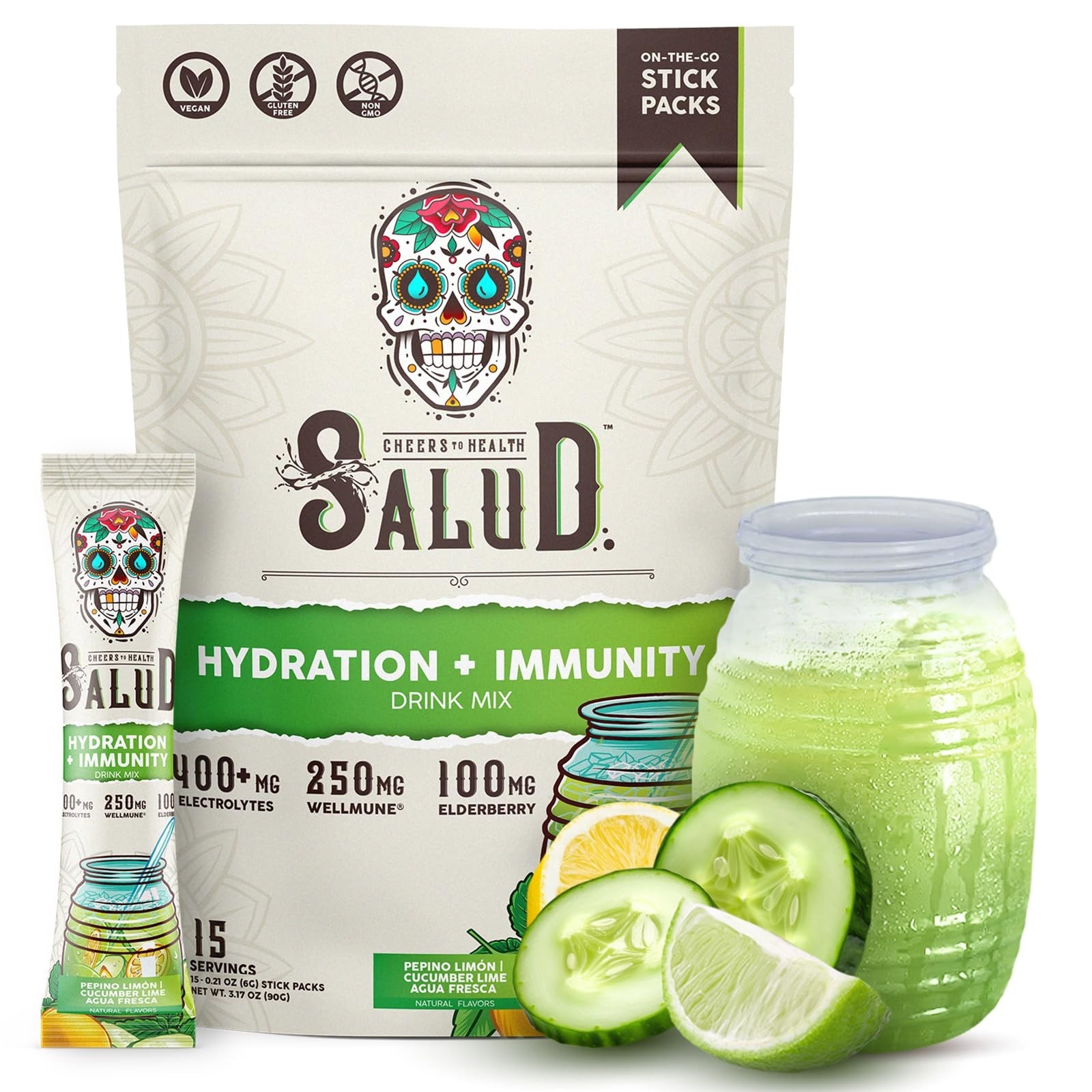 2-in-1 Hydration & Immunity Drink Mix, Cucumber Lime | Electrolyte Powder, Vegan