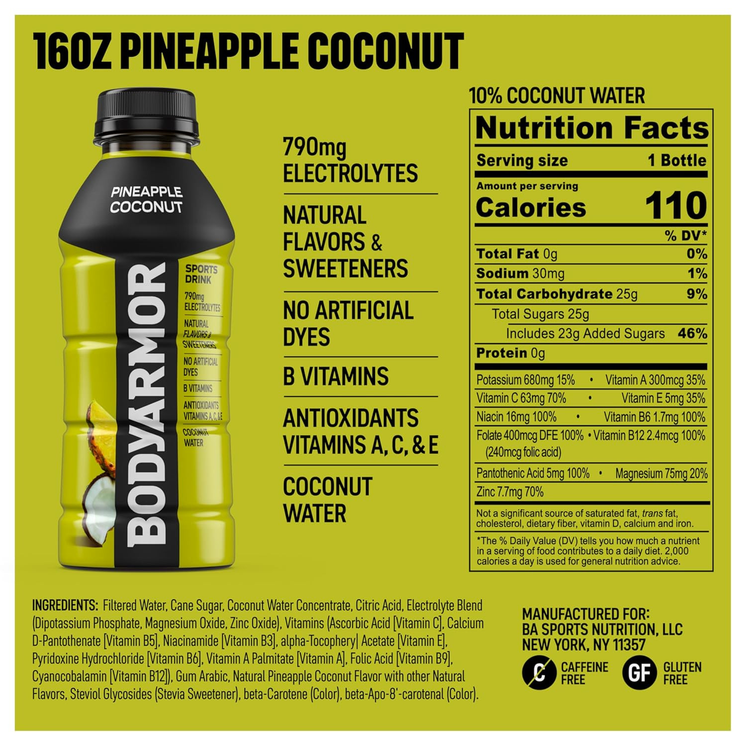 BODYARMOR Sports Drink, Pineapple Coconut, Electrolyte Drink Hydration, 16 Fl Oz