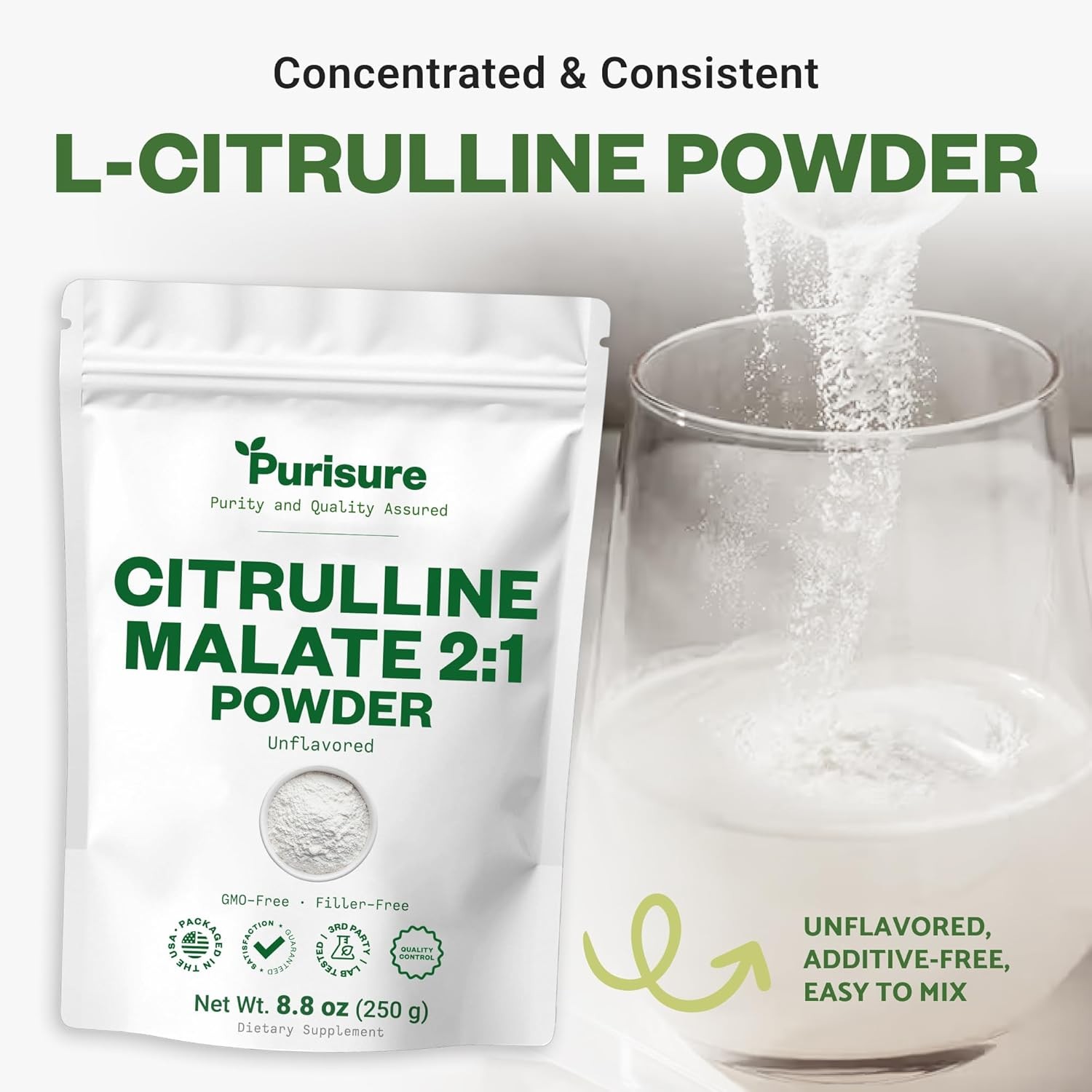 Purisure L-Citrulline Malate 2:1 Powder 250g 83 Servings Pre-Workout Pump