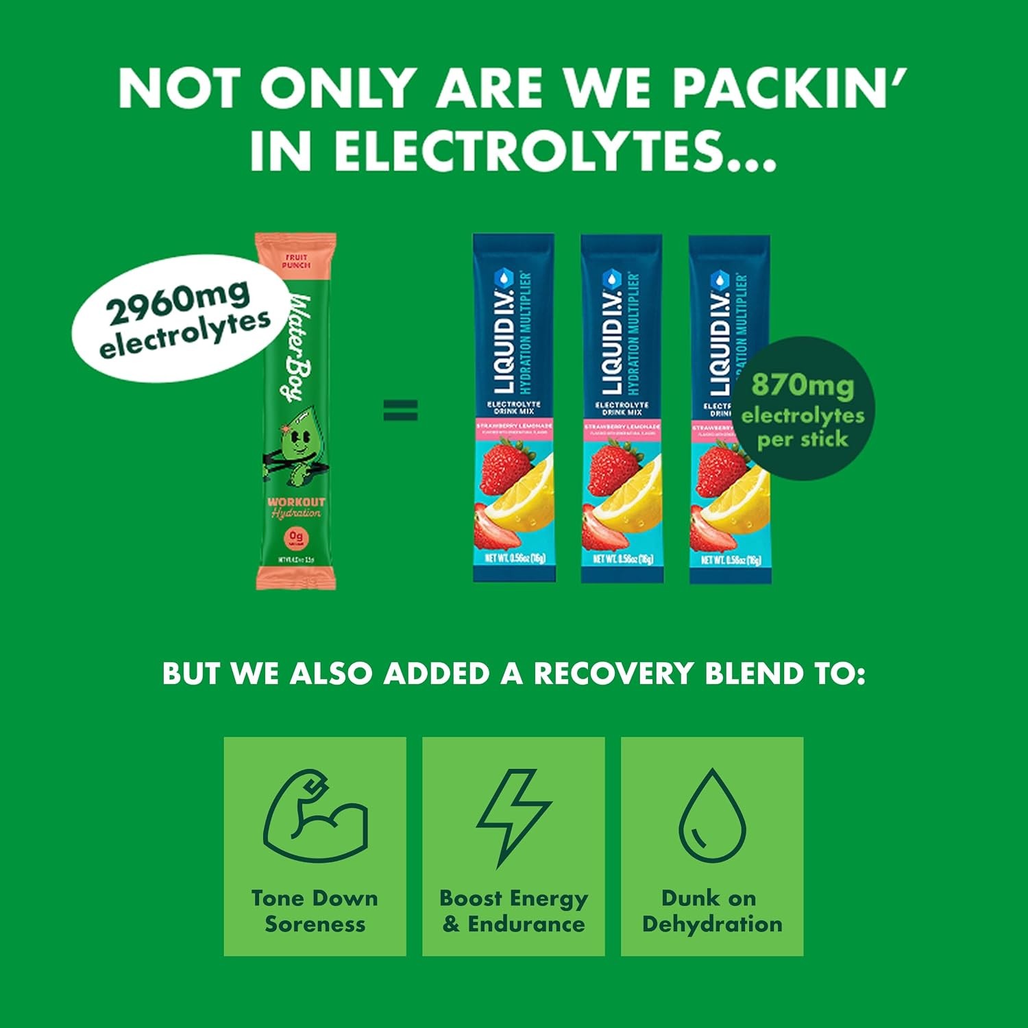 Waterboy Workout Hydration 2,960mg Sugar Free Electrolyte Powder Packets 15Stick