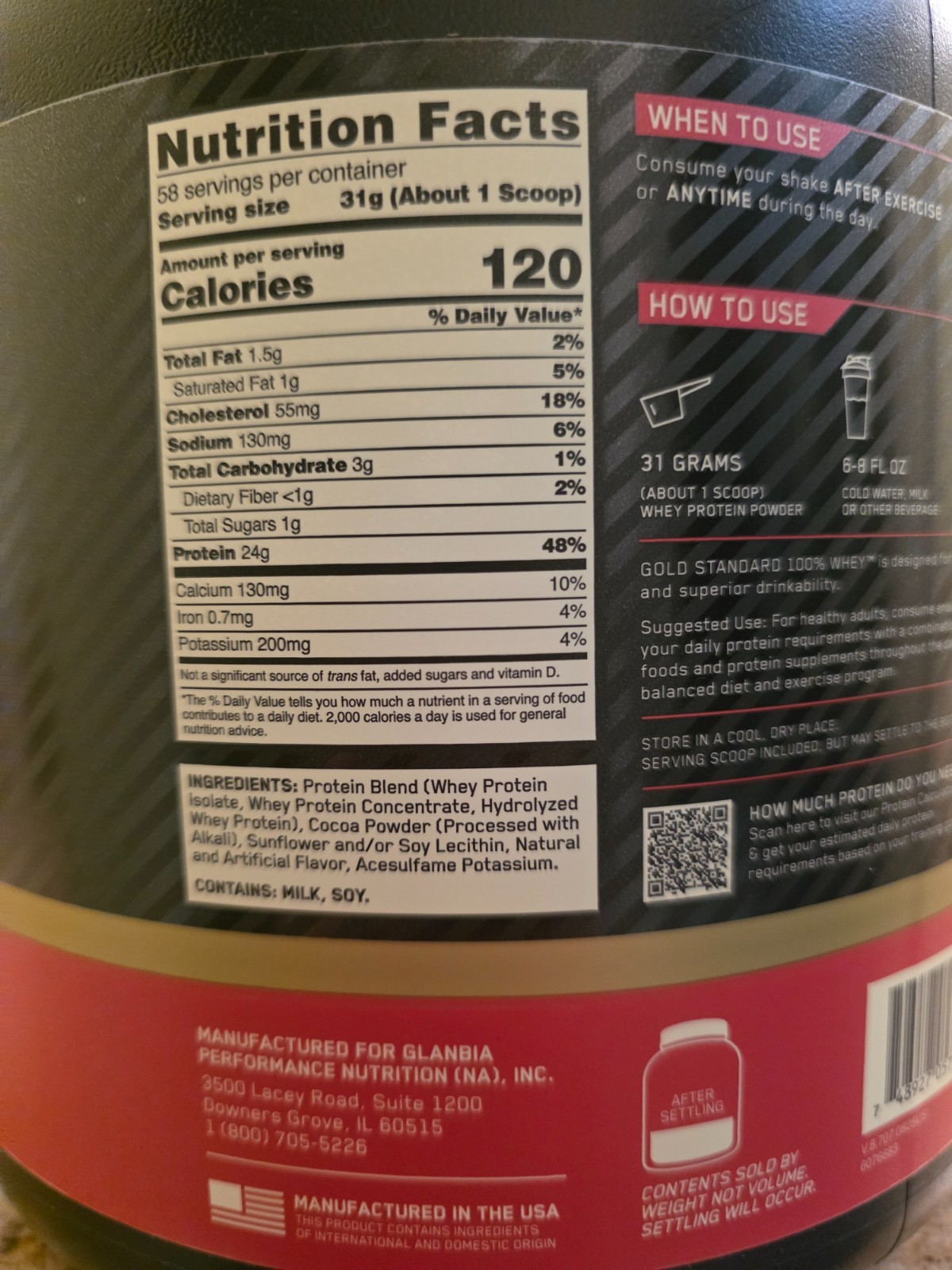 optimum nutrition whey protein chocolate 58 servings exp 4/2028