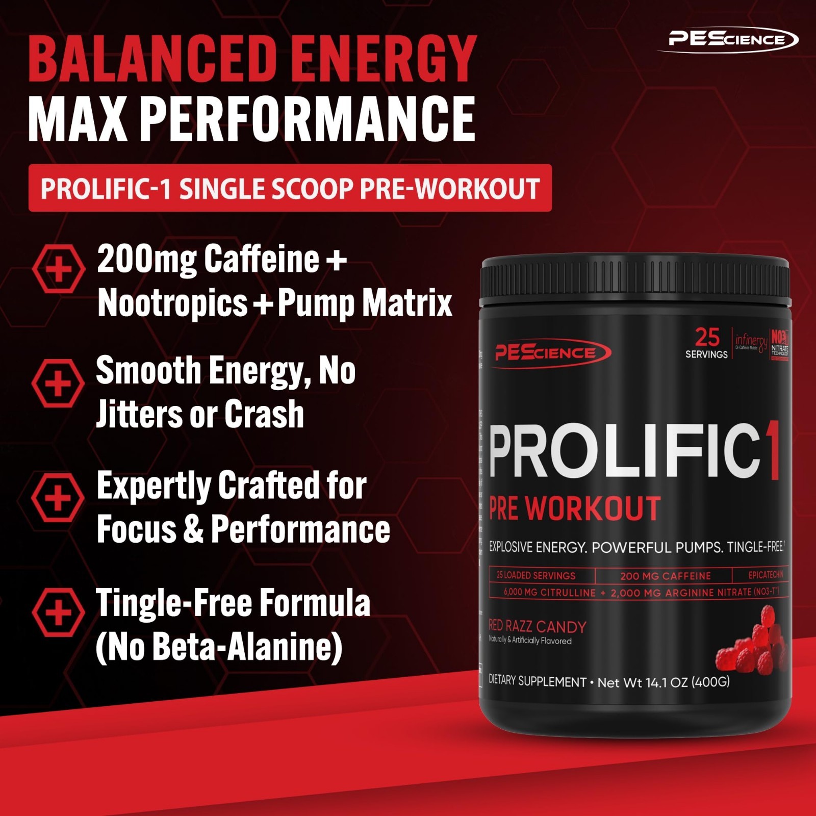 Pre-Workout Powder Red Razz Candy, 25 Scoops | Energy Booster, Focus & Pump, No