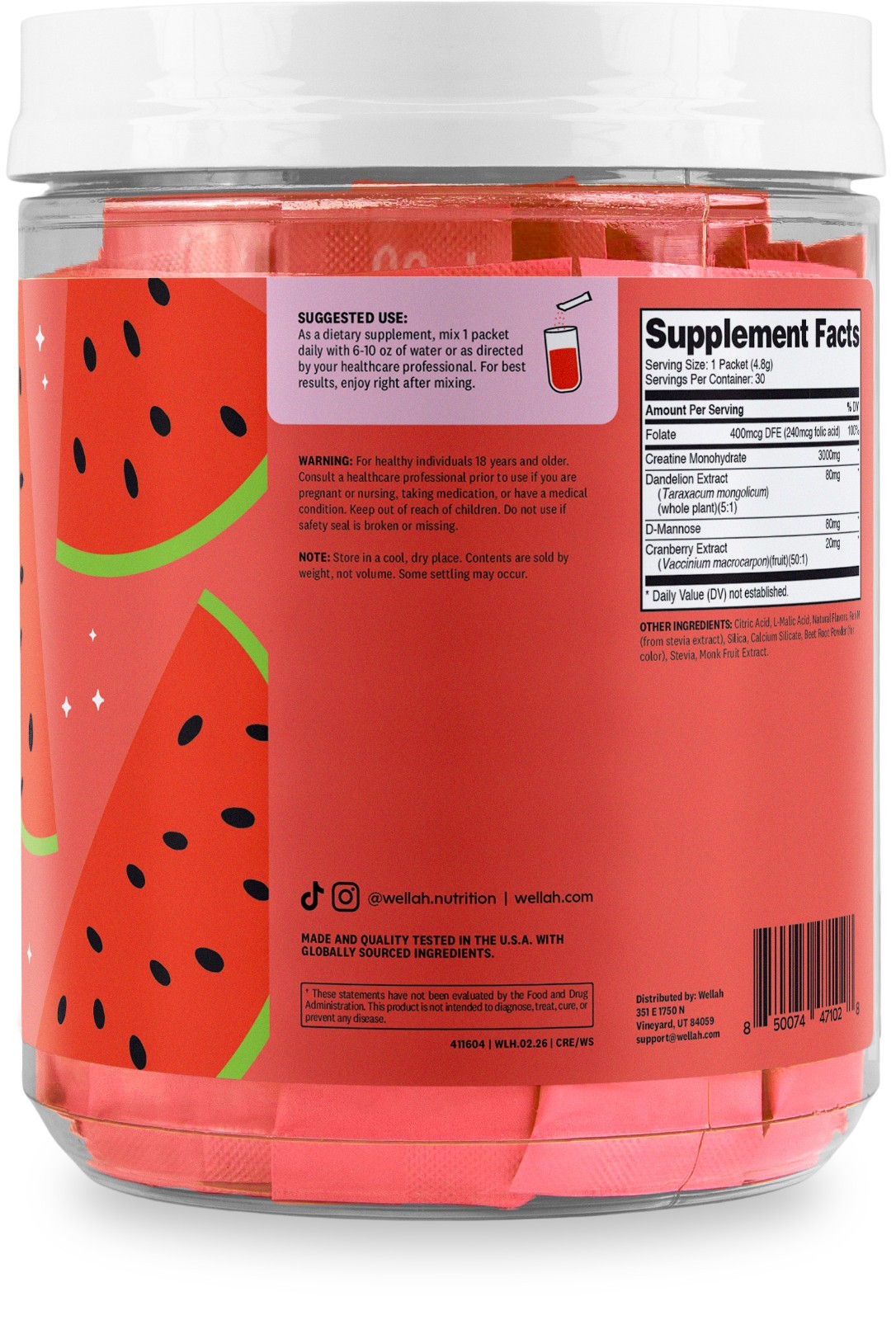 Wellah Creatine For Women (Watermelon Slush) 30 Stick Packs