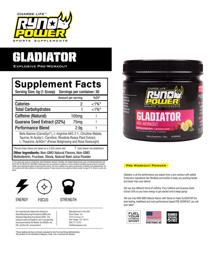 Ryno Power Gladiator Pre-Workout Drink Mix – Strawberry Lemonade, 30 Servings