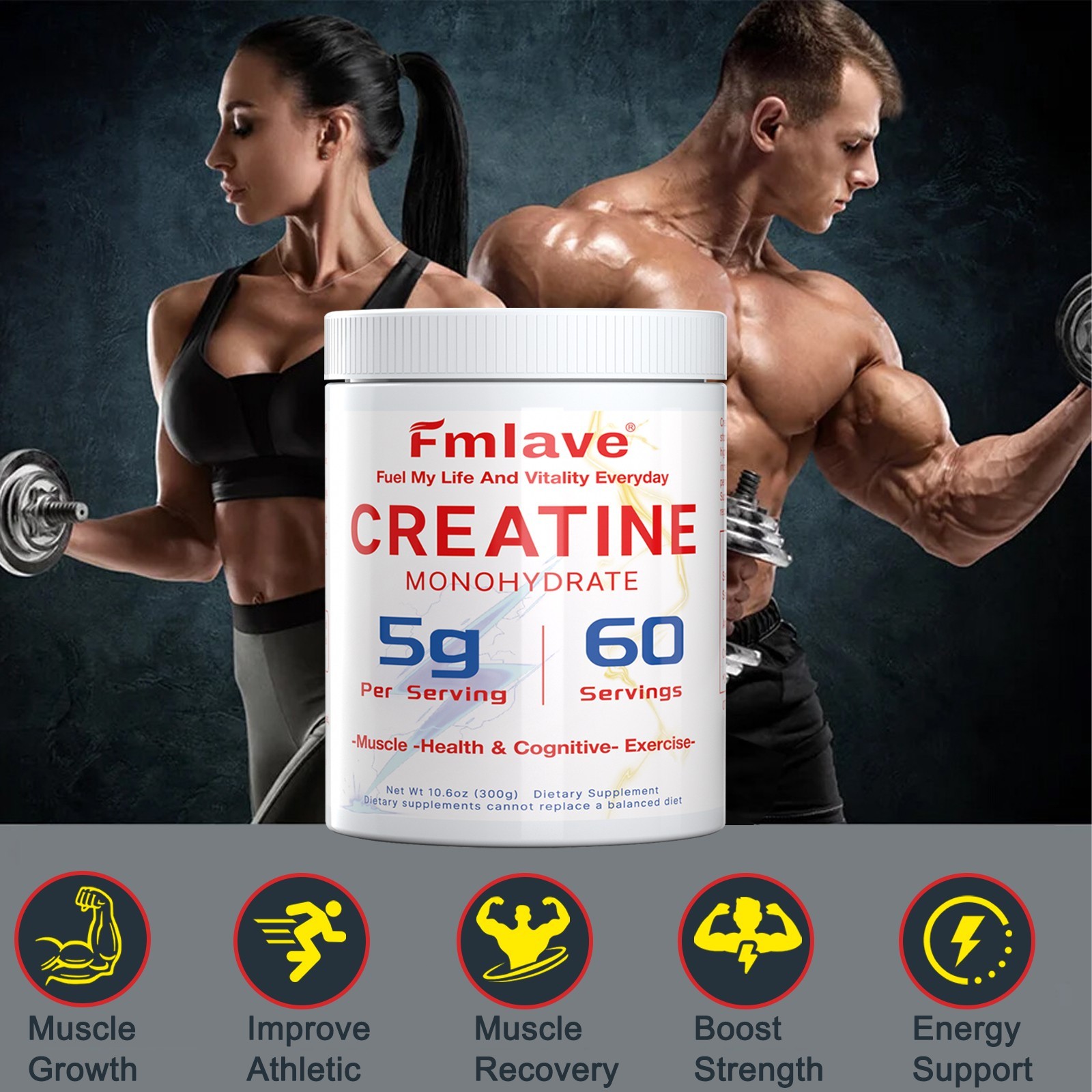 Micronized Creatine Monohydrate Powder, Unflavored, 60 Servings, 300 Grams /Pack