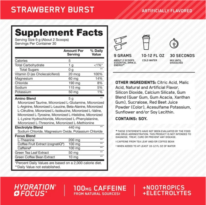 Optimum Nutrition Amino Energy Hydration + Focus Powder, Strawberry Burst 9.5 oz
