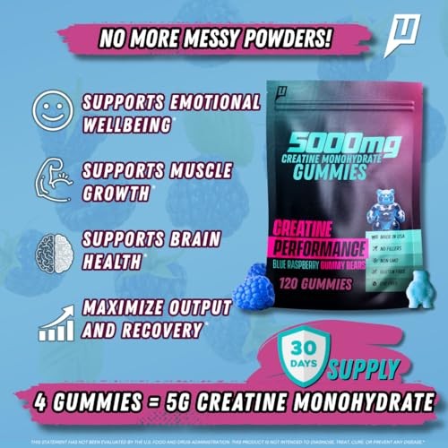 Uncaged Performance Creatine Monohydrate Gummies Blue Raspberry 5g 120 count