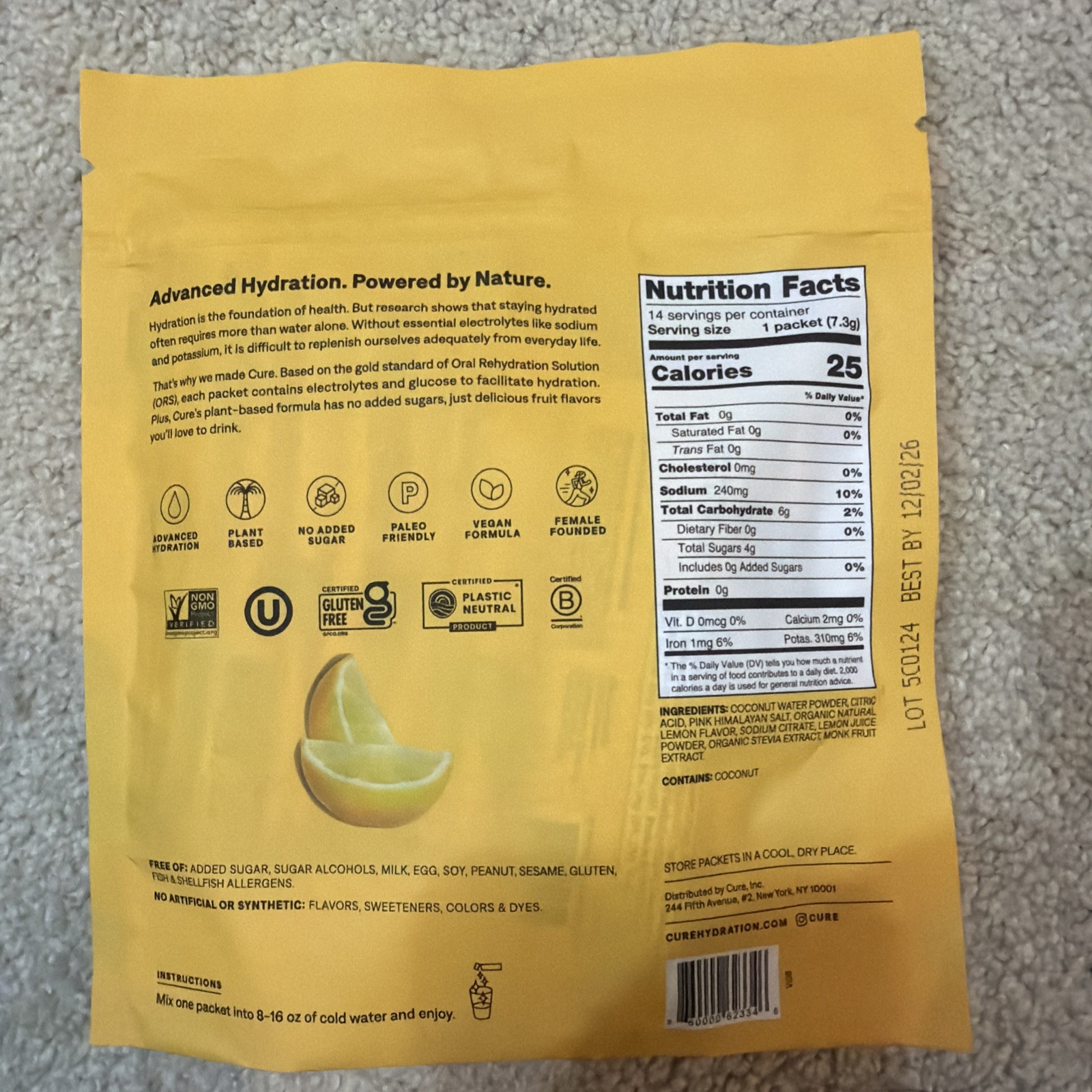 Cure Hydration Electrolyte Drink Mix Lemonade Flavor 14ct NEW SEALED (102g)