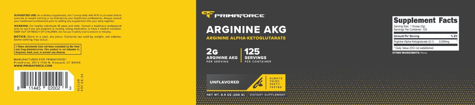 PrimaForce AAKG Arginine Powder, 250 grams (L-Arginine and Alpha-Ketoglutarate)