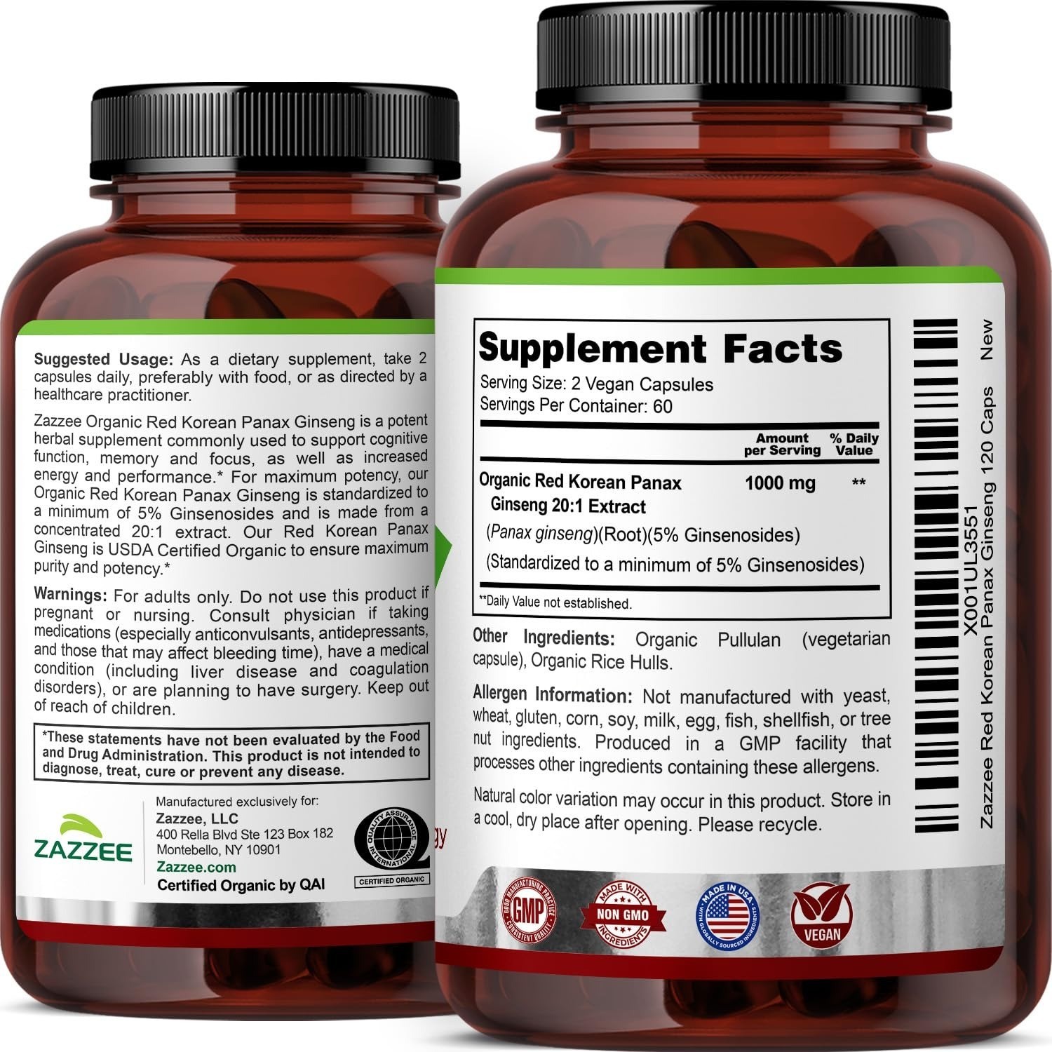 Zazzee Organic Red Korean Panax Ginseng 20:1 Extract 120 Capsules
