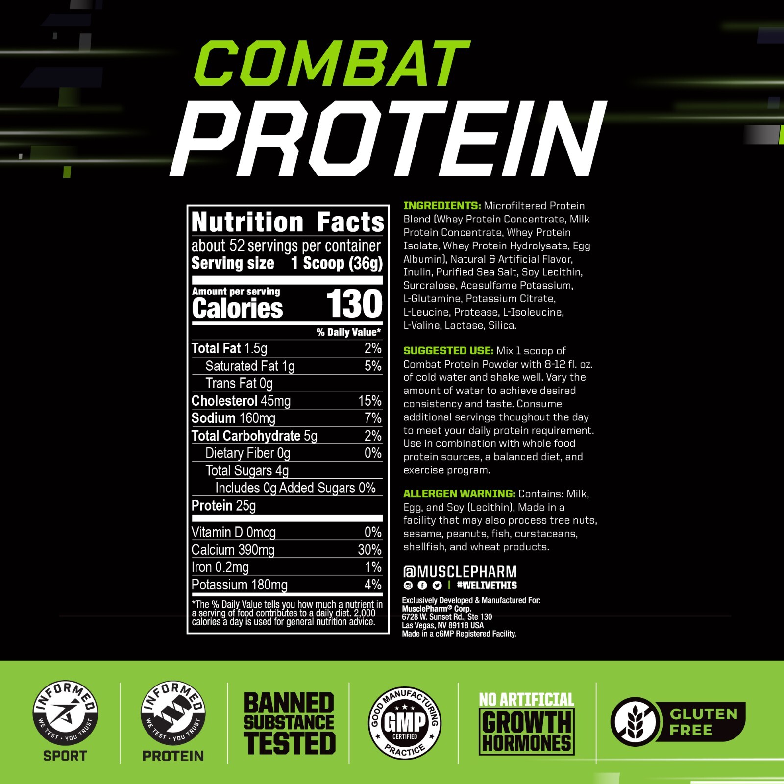 MusclePharm Combat Protein Powder – 4 lb, 52 Servings, Horchata Flavor