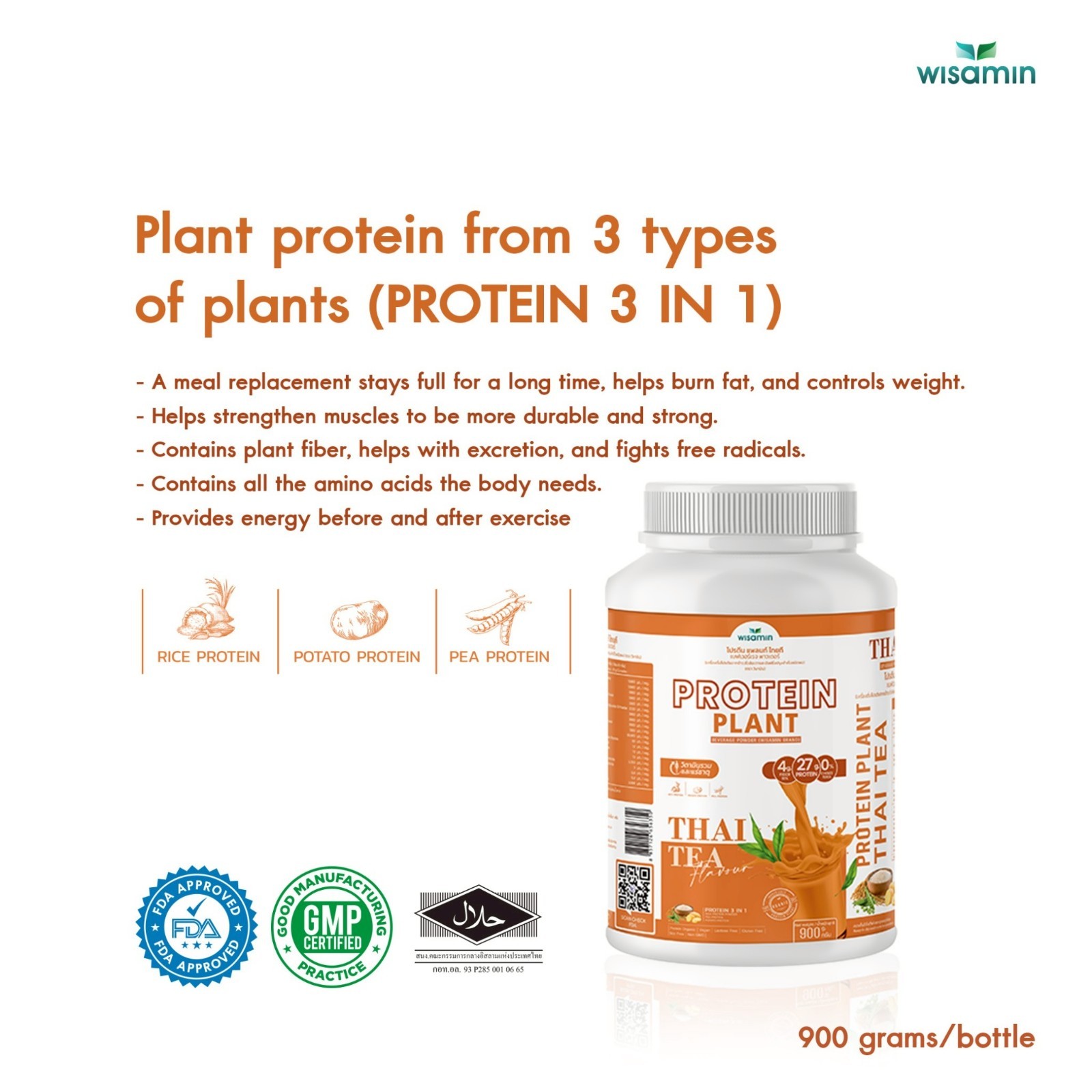 WISAMIN Plant Protein Powder Thai Tea Flavor 900g | 27g Protein Organic Non GMO