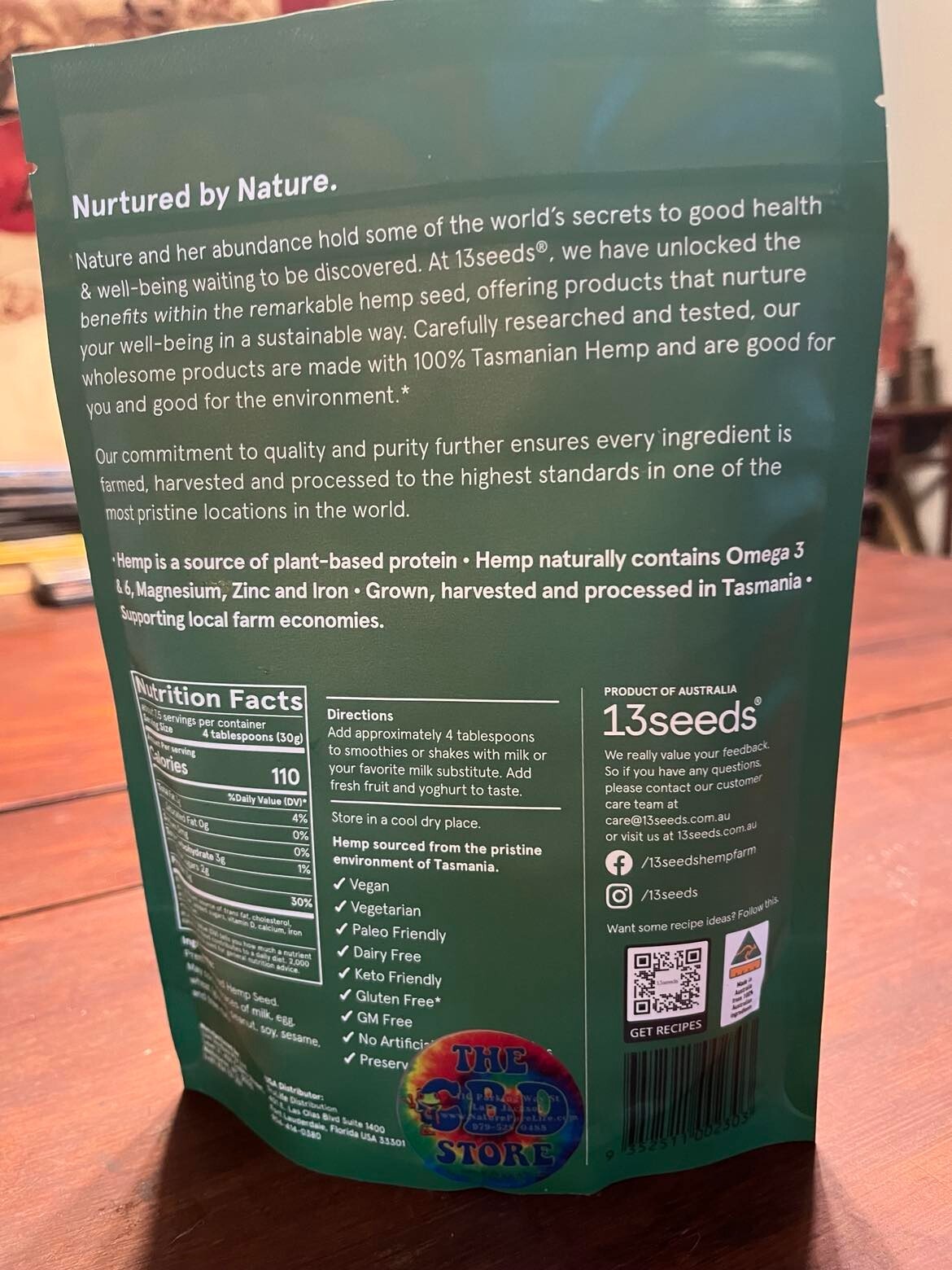 13 seeds Tasmanian hemp protein powder. Non GM, no chemicals, vegan. 7 servings