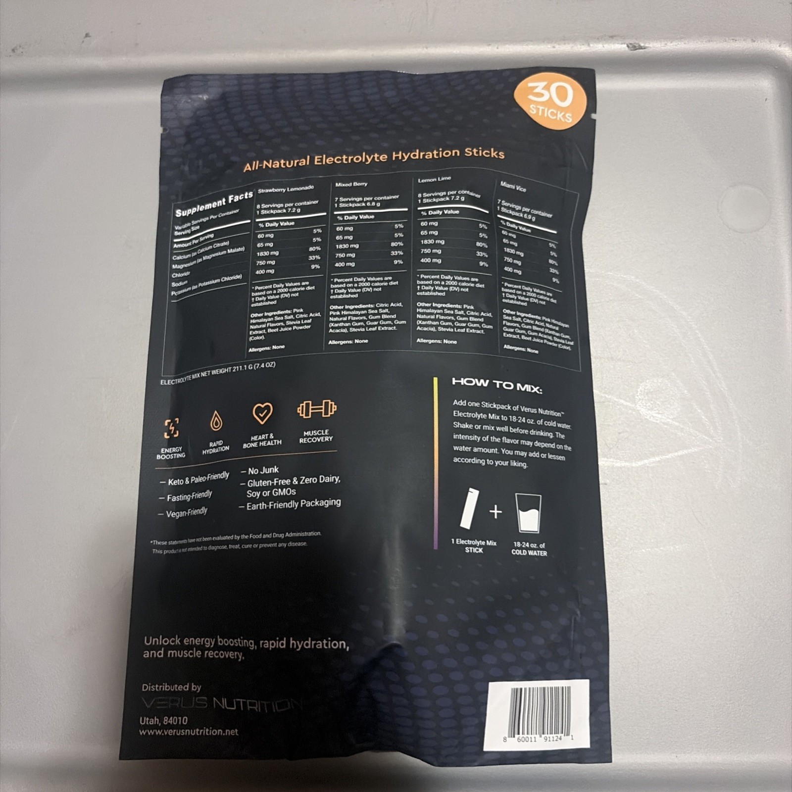 Verus Nutrition Electrolyte Powder Mix Variety Pack, Zero Sugar, 30 Sticks