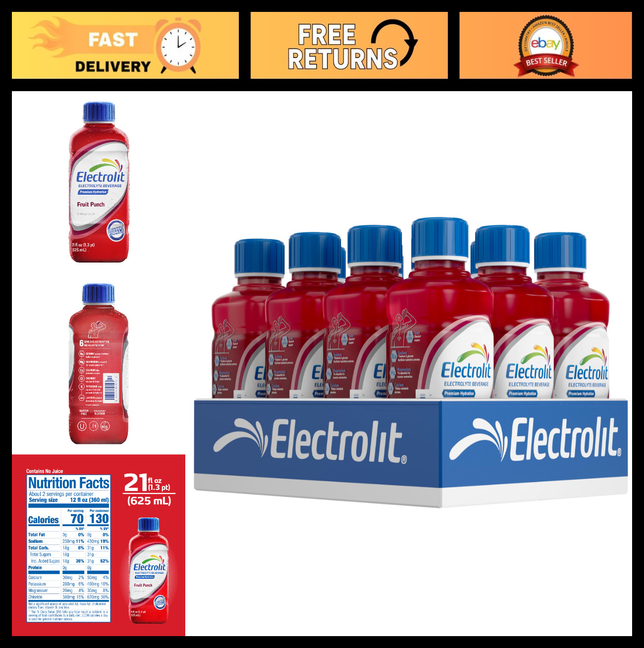 Electrolyte Drink Mix, Fruit Punch Flavor, 21 Fl Oz Bottles, Pack of 12