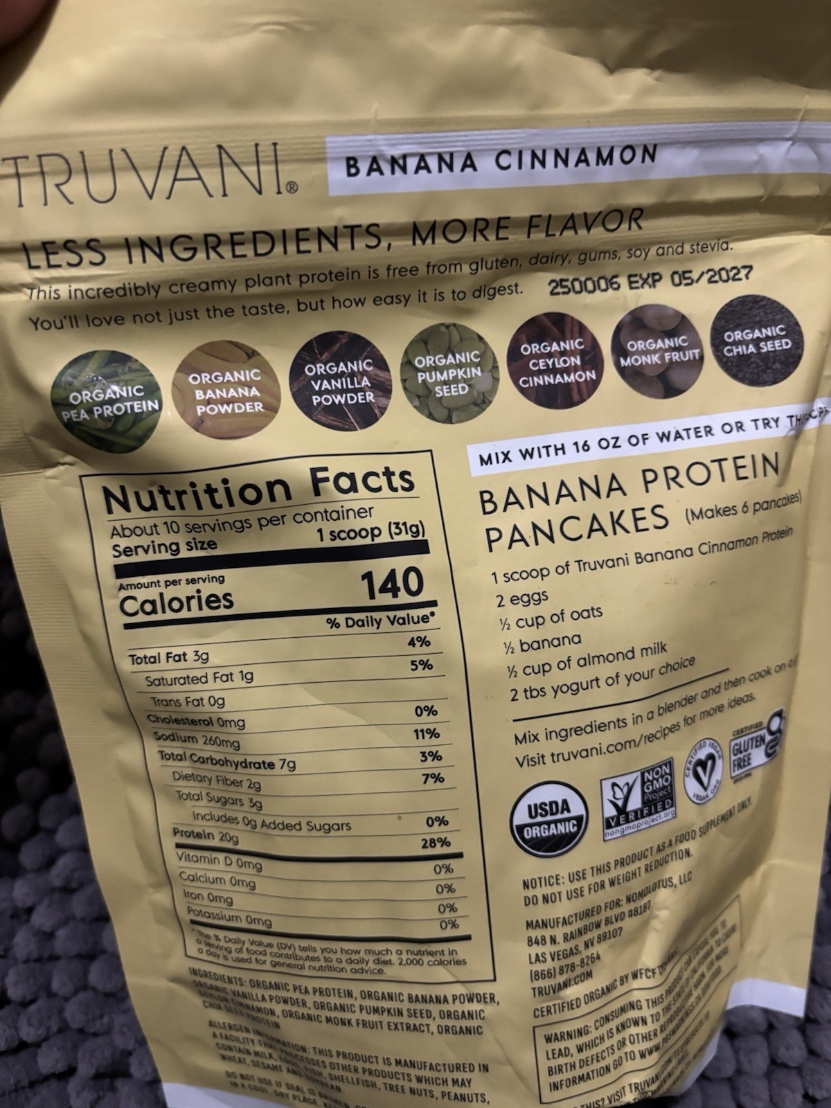 Truvani Organic Plant-Based Protein Powder Banana Cinnamon Non-GMO 315g