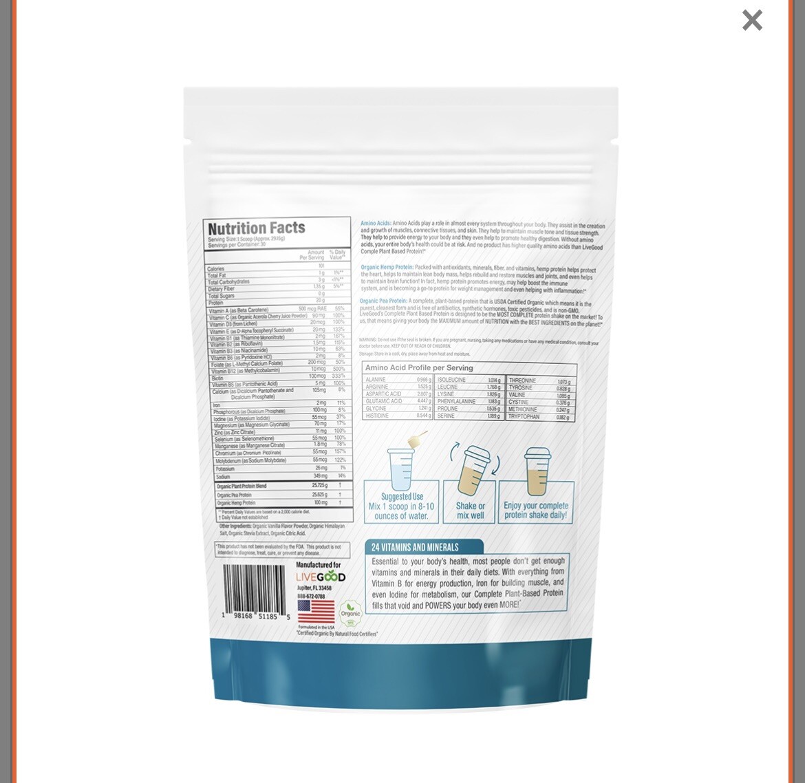 LIVEGOOD Organic Complete Plant-Based Protein 30.8 oz Supplement