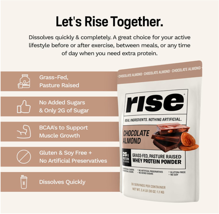 Rise Grass-Fed Whey Protein Powder, Chocolate Almond, 2.4 lb, 25g Protein