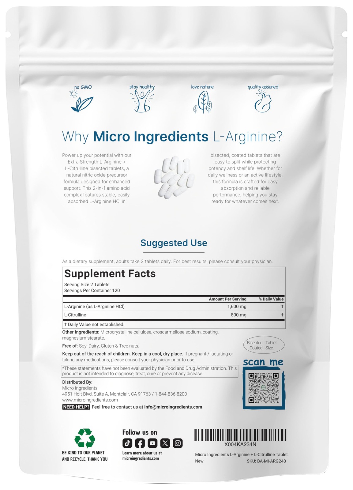 L-Arginine 1,600mg Nitric Oxide Supplement for Men with L-Citrulline, 240 Bis…
