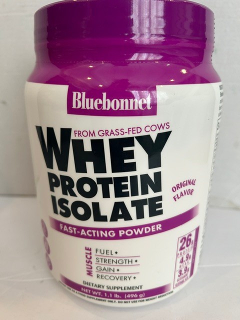 Bluebonnet Whey Protein Isolate Grass-Fed Powder Original Flavor 1.1 lbs
