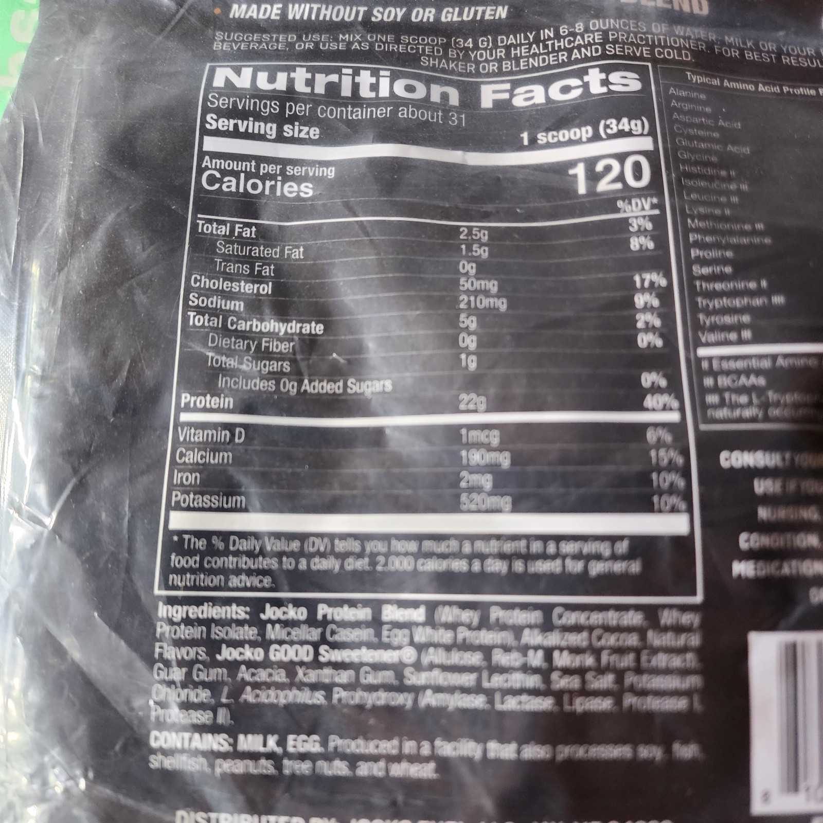 JOCKO MÖLK Protein Blend Grassfed Powder Whey Basein Egg Chocolate Shake 37 oz