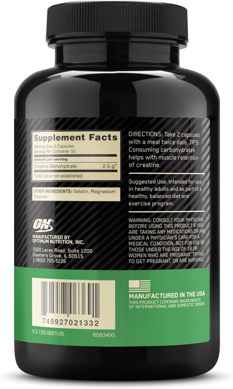 Optimum Nutrition Micronized Creatine Monohydrate Capsules, Keto Friendly, 2500m