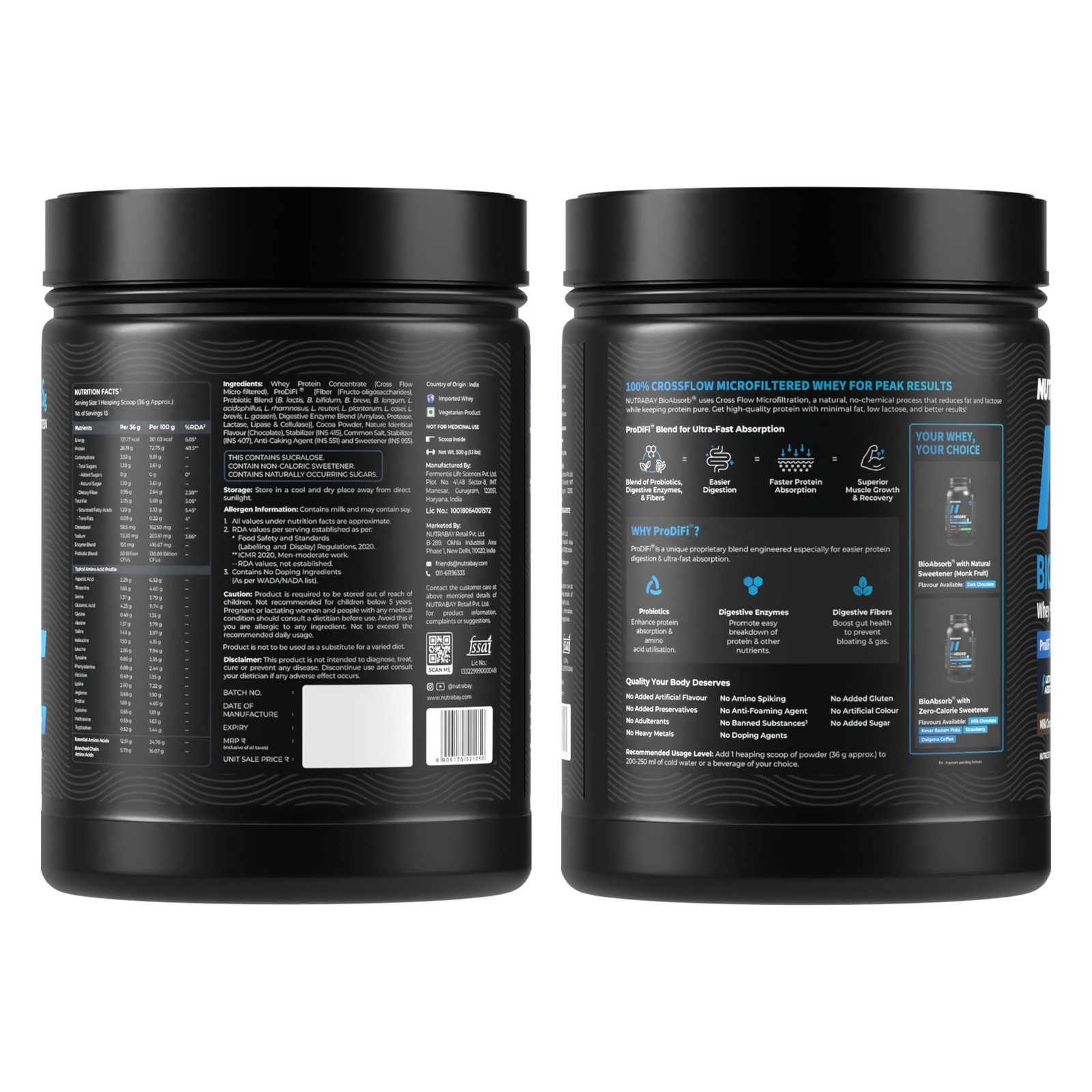 Nutrabay BioAbsorb Whey Protein 26g Milk Chocolate Fast Recovery 500g