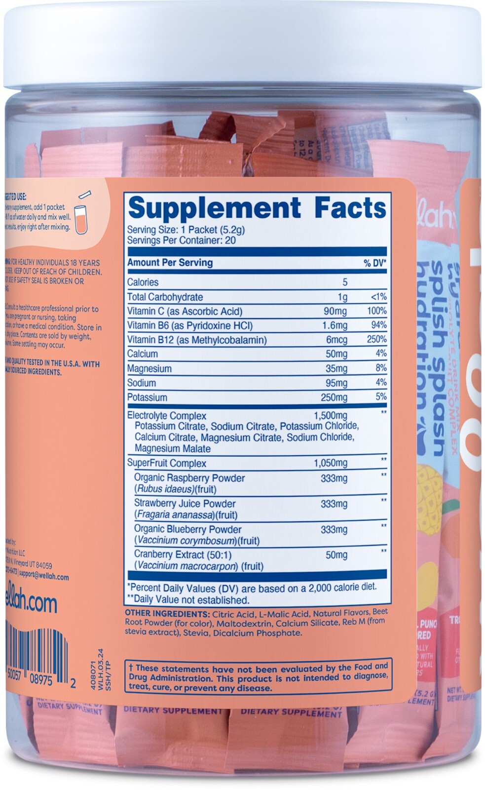 Wellah Splish Splash Hydration (Tropical Punch ) 20 Stick Packs – Electrolytes