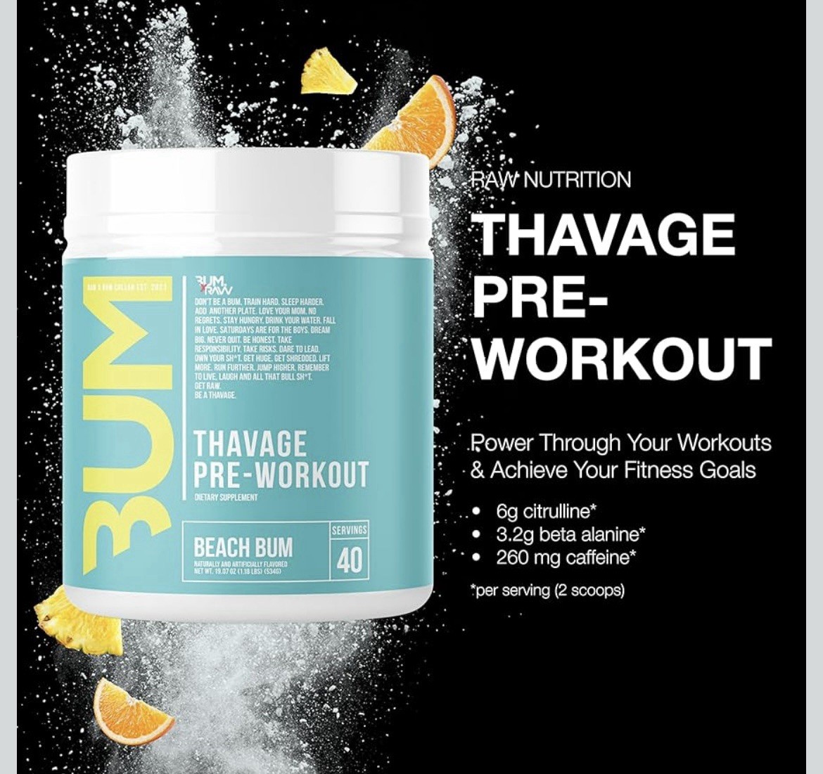 RAW Pre Workout Powder, Thavage (Beach Bum) – Chris Bumstead 40 Servings