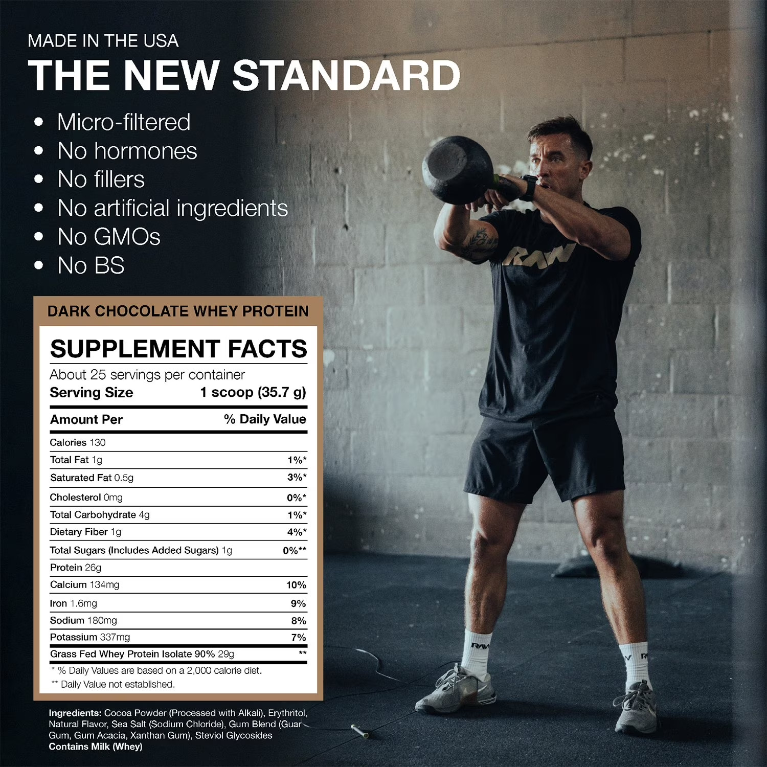 RAW 25g Grass Fed Whey Isolate Protein Powder, Dark Chocolate, 1.97 lbs.