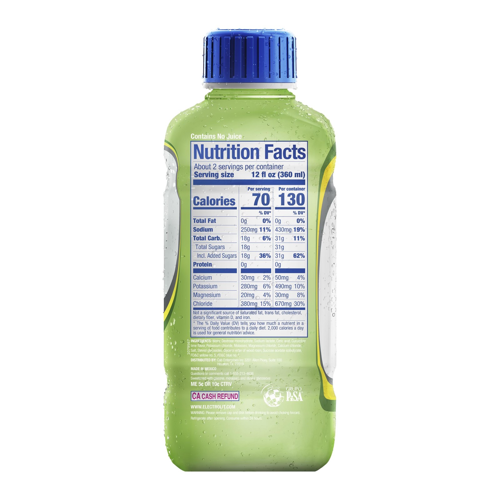 Electrolit, Electrolyte Beverage, 21 FL Oz (Pack of 12), Cucumber-Lime