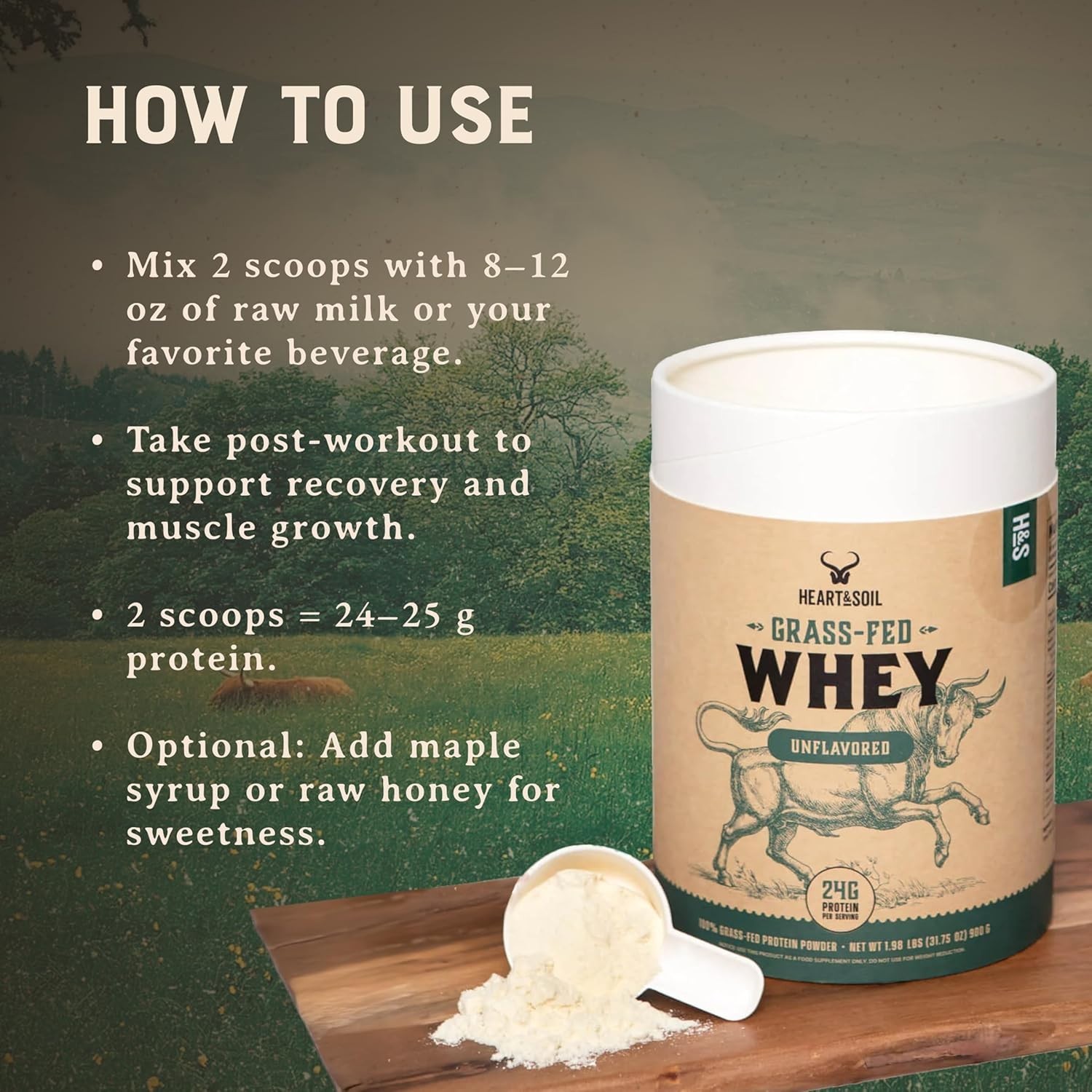 HEART & SOIL 100% Grass Fed Protein Powder – Single Ingredient: Whey Protein Con